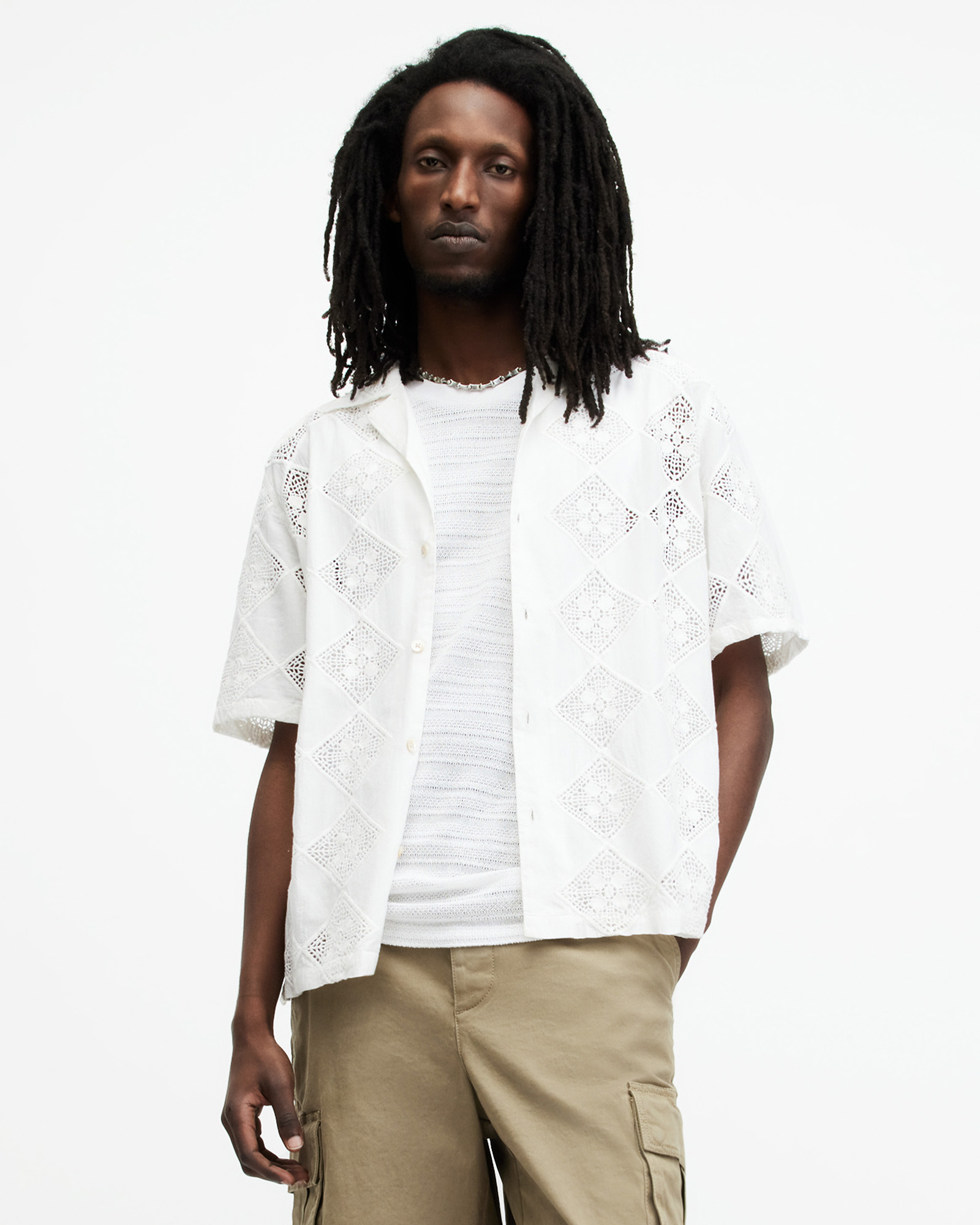 AllSaints Vista Broderie Floral Relaxed Fit Shirt,, OATMEAL WHITE