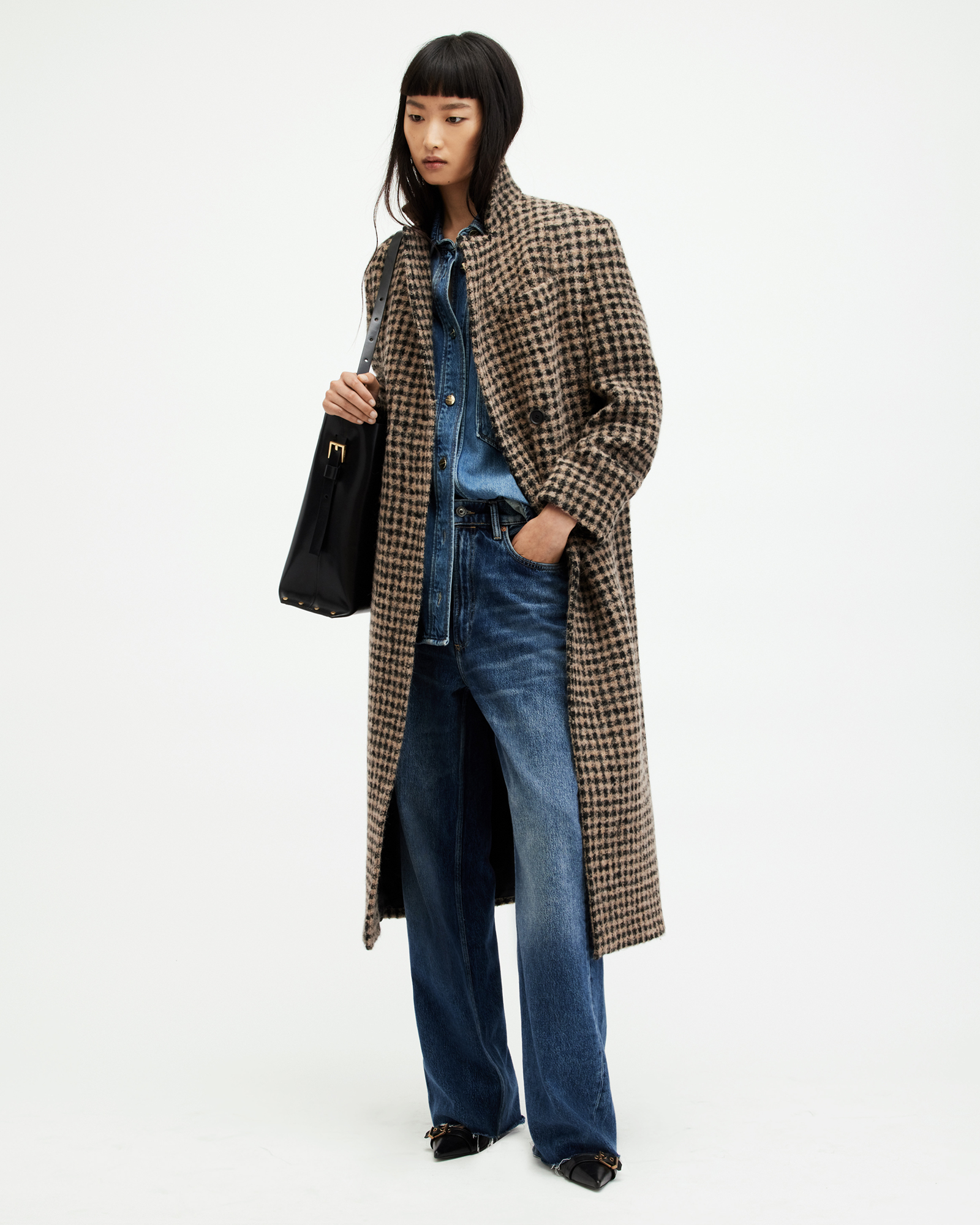 AllSaints James Wool Blend Checked Maxi Coat,, CHECK BROWN