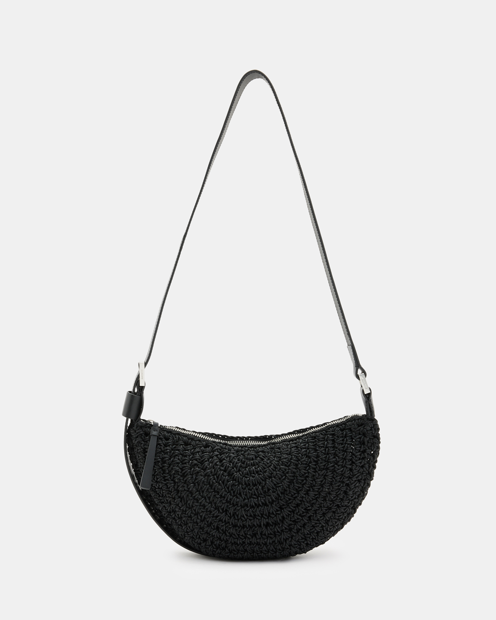 AllSaints Half Moon Crochet Crossbody Bag,, Black, Size: One Size