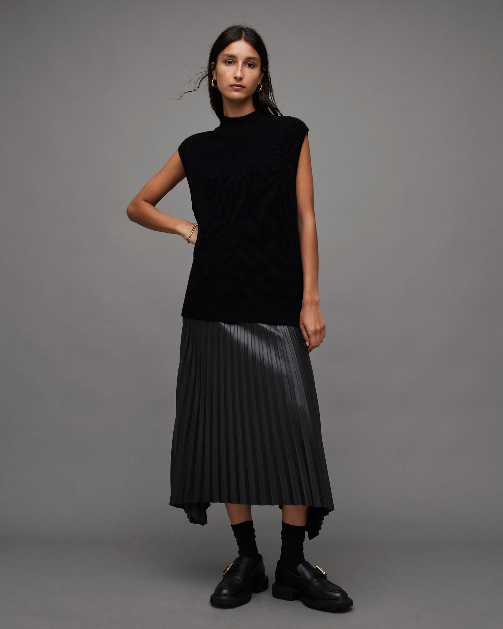 AllSaints Sylvy Faux Leather Pleated Midi Skirt