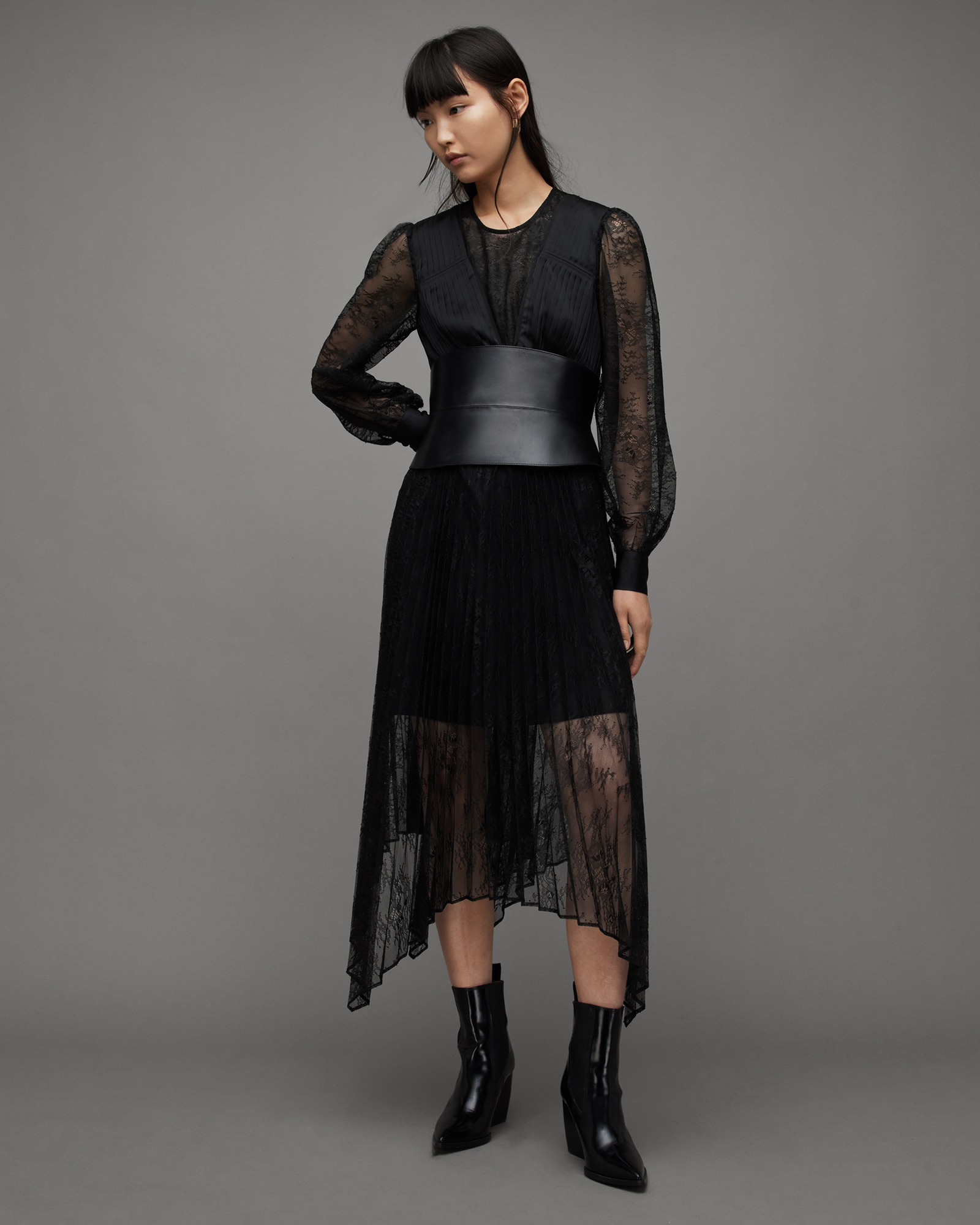 AllSaints Norah Lace Pleated Asymmetric Maxi Dress