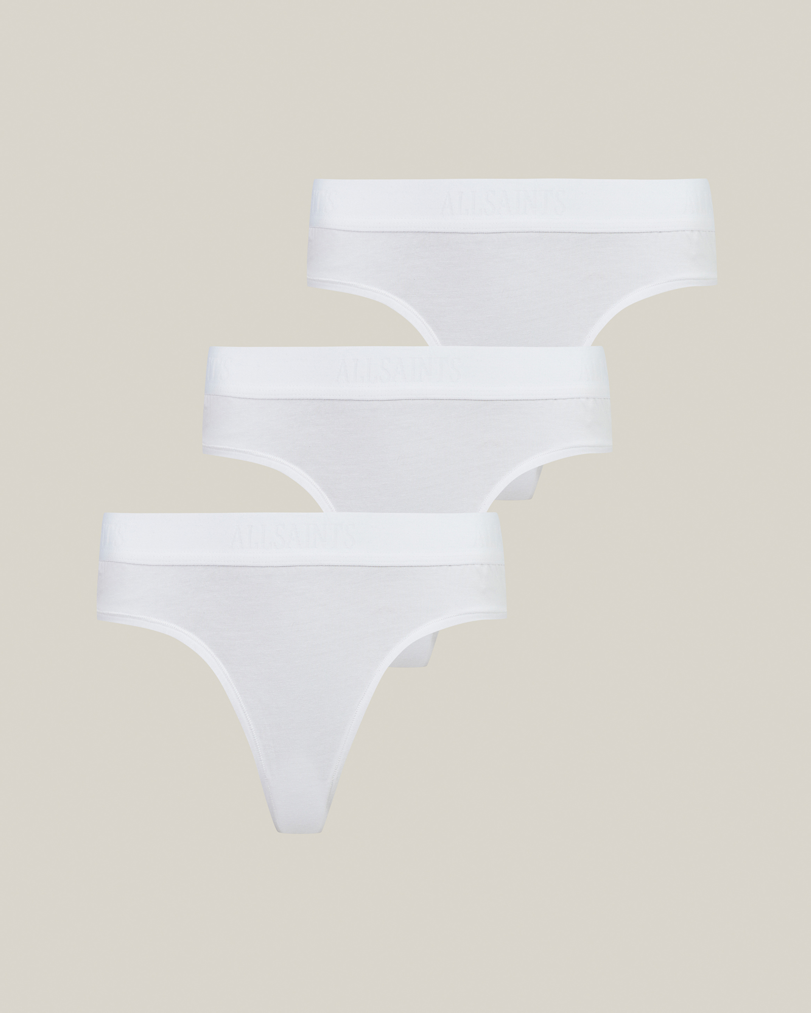 AllSaints Women's Cotton Classic Betha Pack of 3 Thongs, White, Size: M