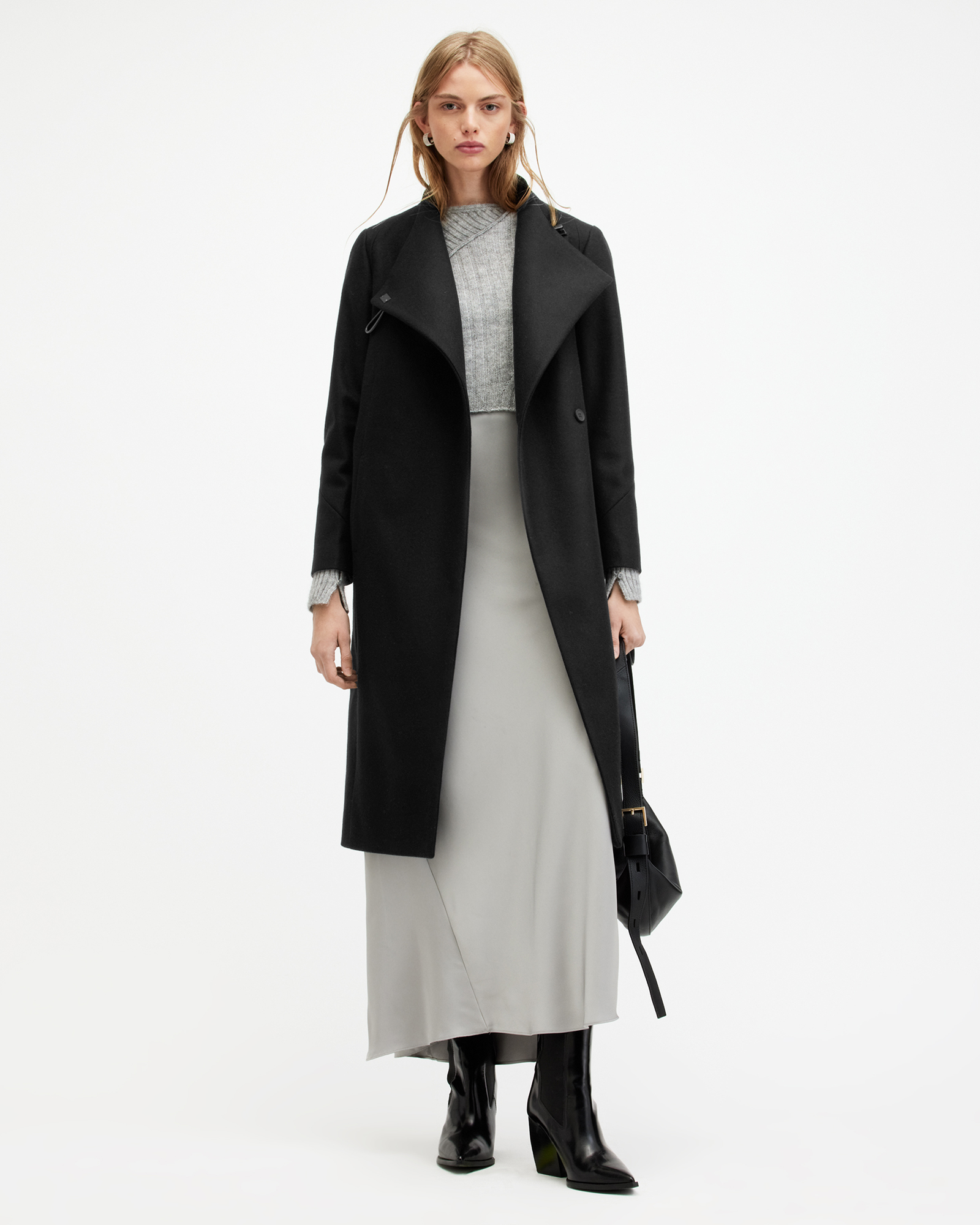 AllSaints Riley Wrap Around Belted Long Line Coat