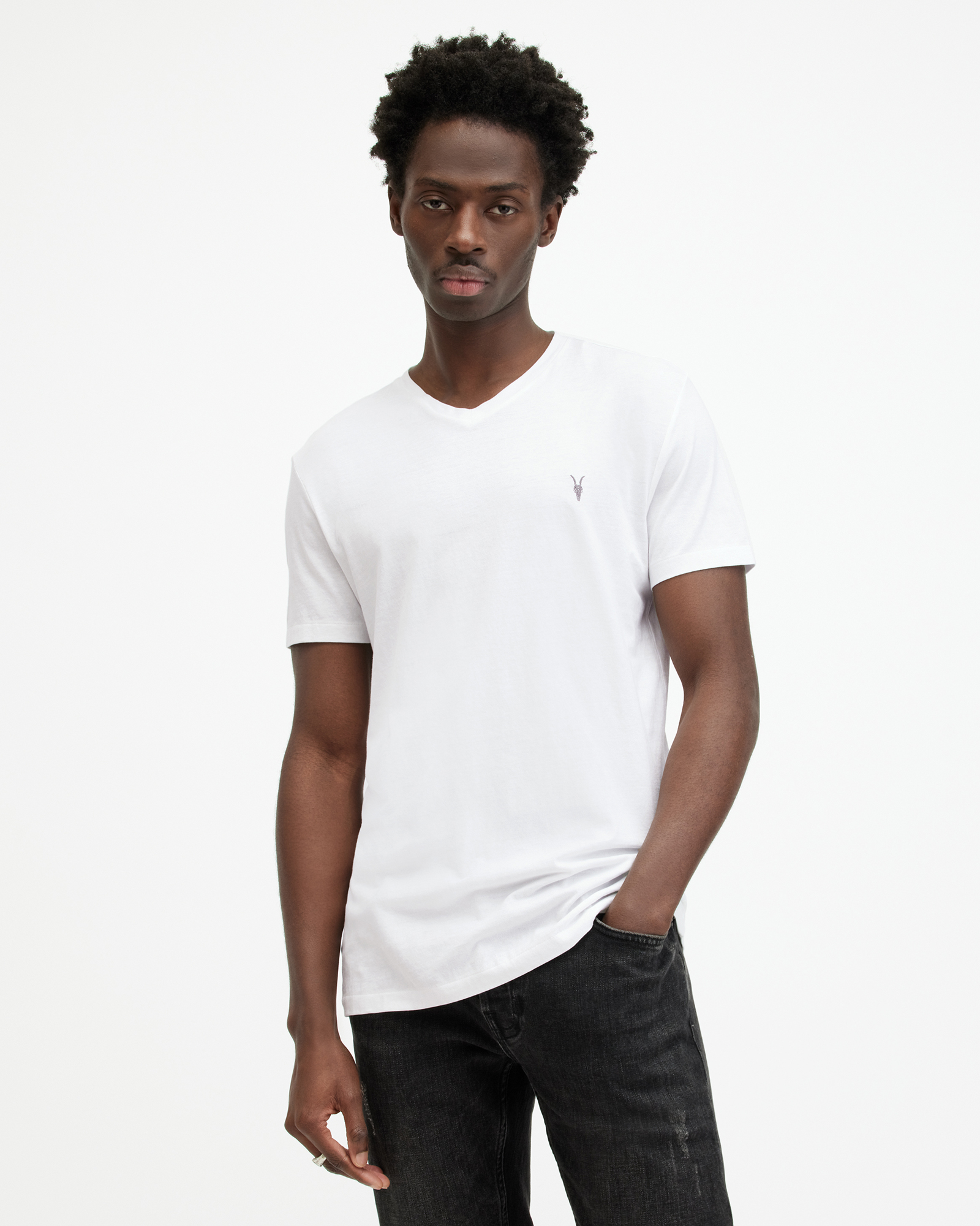 AllSaints Tonic V-Neck Slim Fit Ramskull T-Shirt,, White