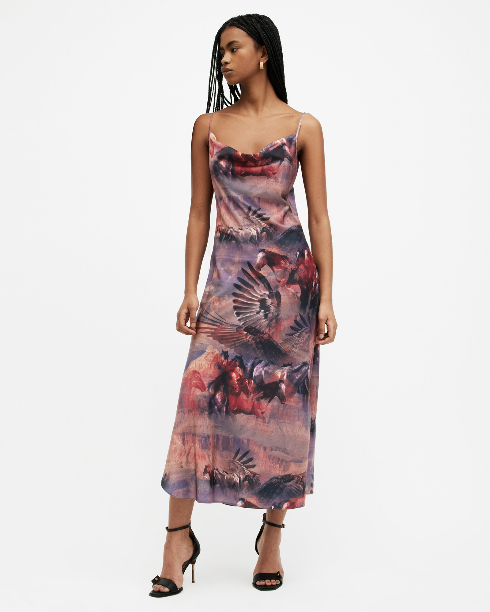 AllSaints Hadley Colca Print Midi Slip Dress,, CANYON PURPLE, Size: UK
