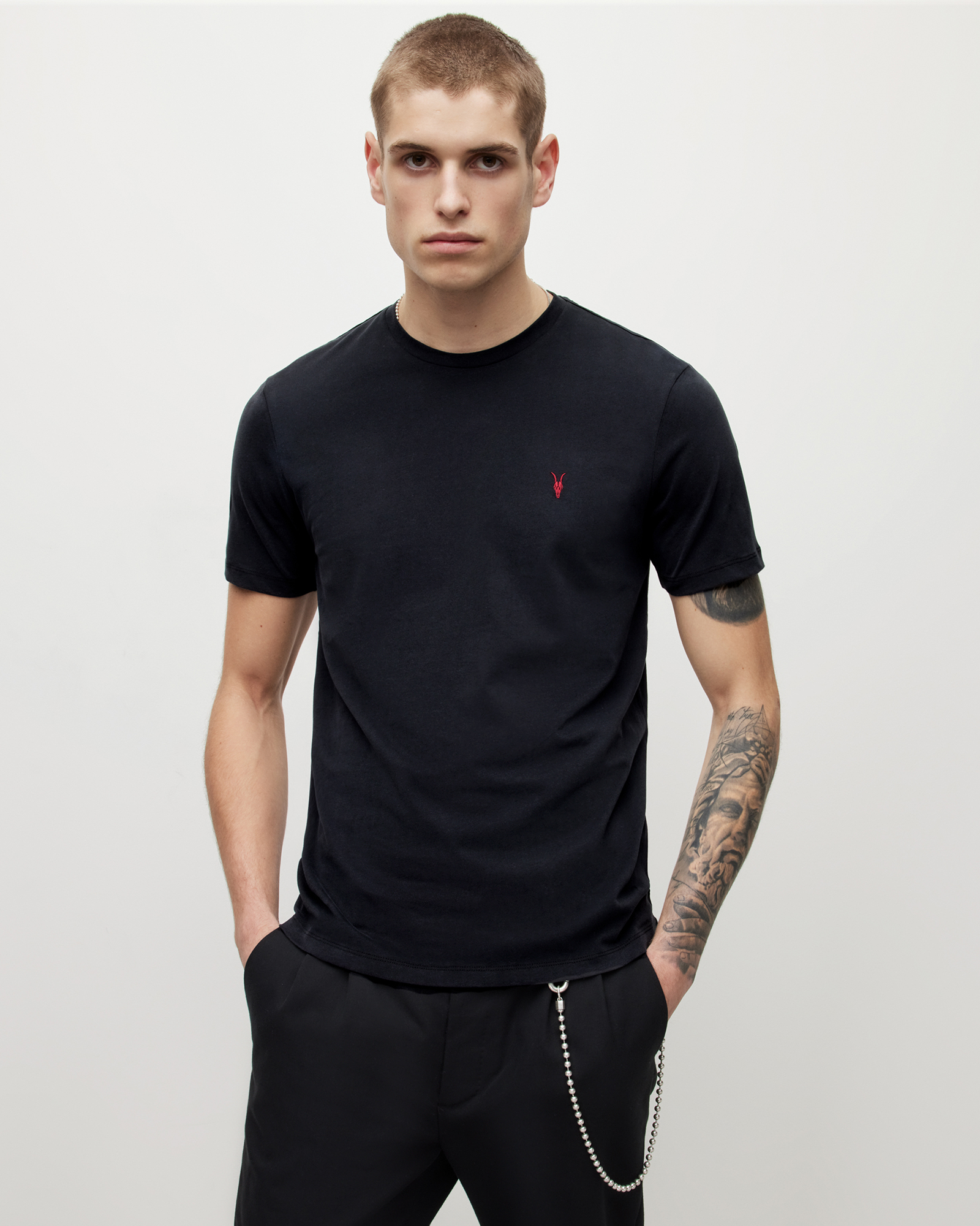 AllSaints Men's Cotton Brace Contrast Crew T-Shirt, Washed Black, Size: S