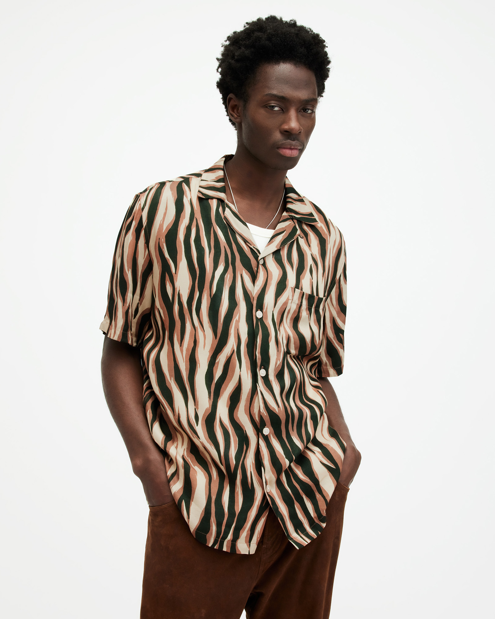 AllSaints Fired Abstract Print Relaxed Fit Shirt,, CAMEL BROWN