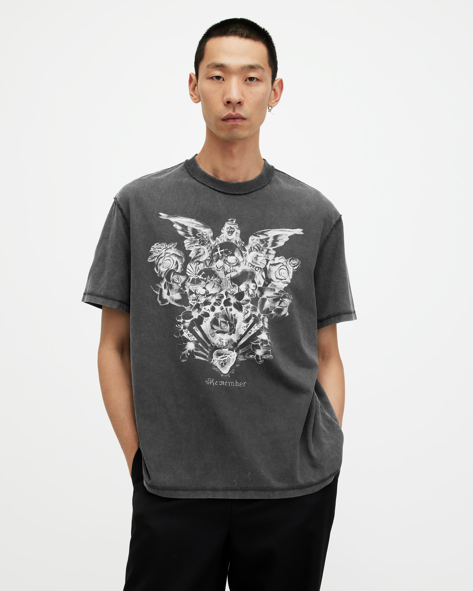 Shop Allsaints Covenant Gothic Printed Crew Neck T-shirt In Washed Black