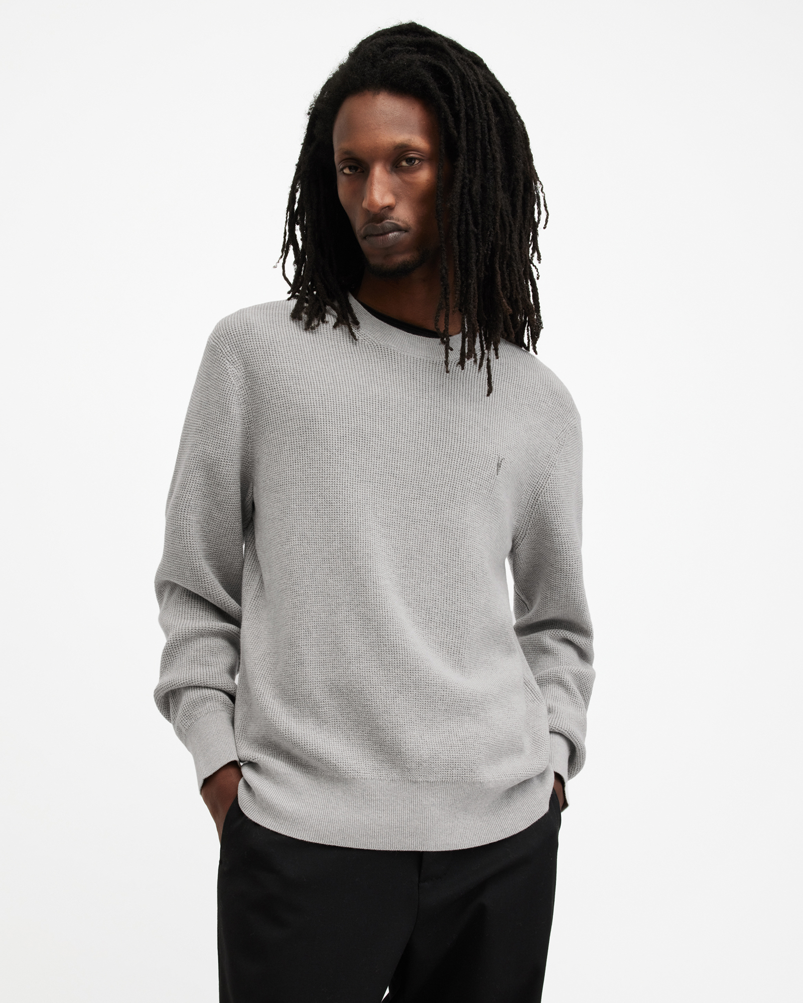 Allsaints Aspen Waffle Texture Crew Neck Sweater In Cool Grey