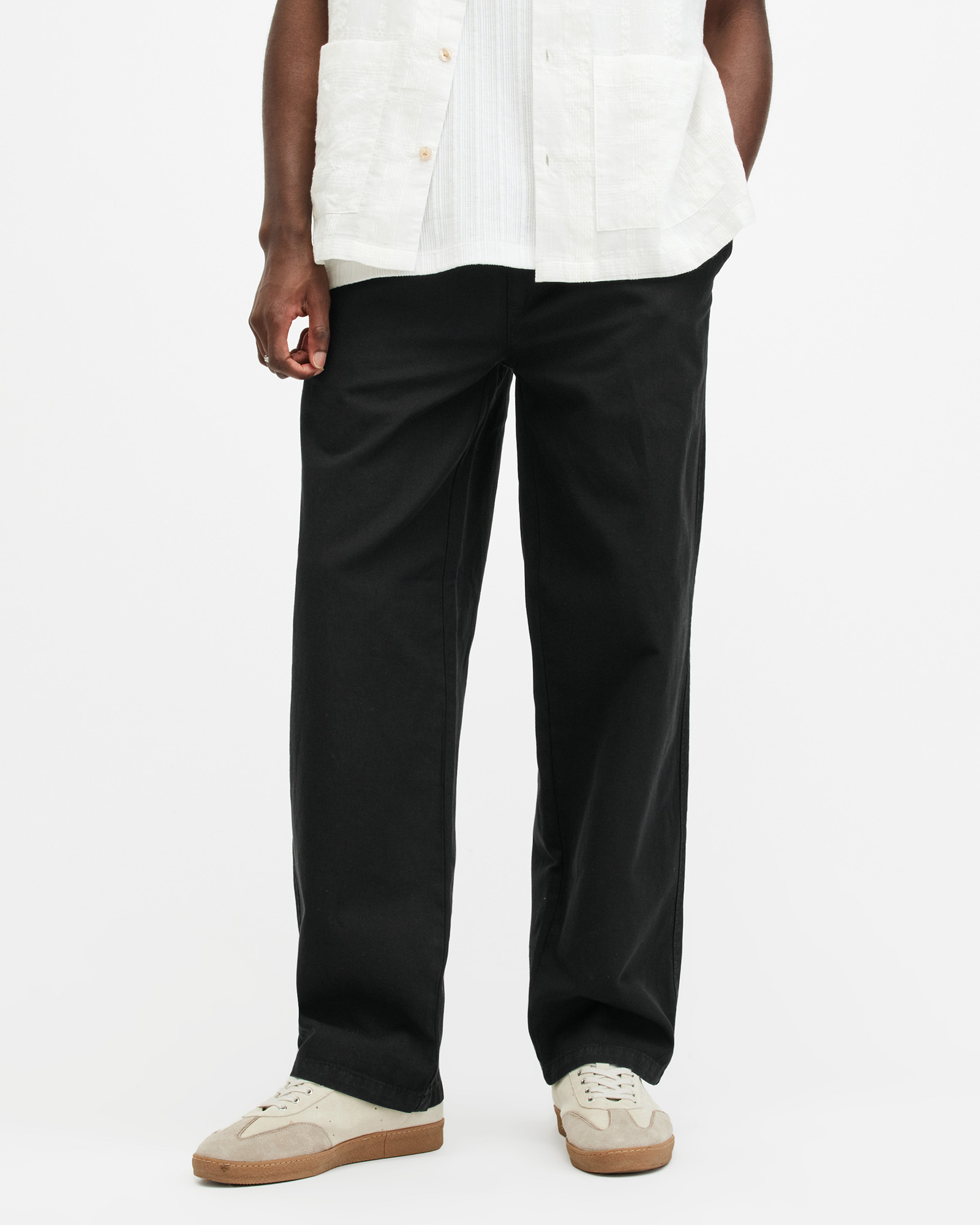 Allsaints Hanbury Drawstring Linen Blend Trousers In Jet Black