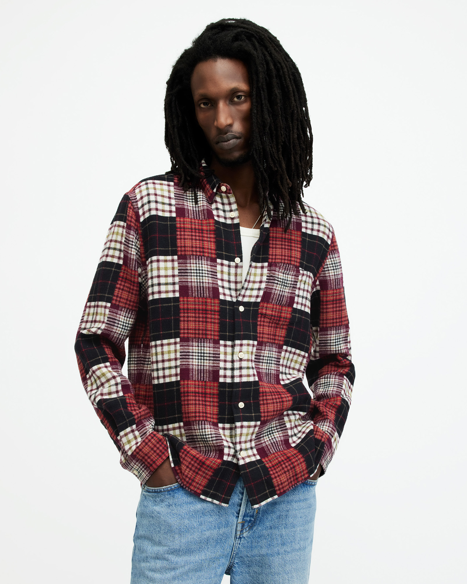 AllSaints Patchi Patchwork Checked Relaxed Shirt,, SANGRIA RED