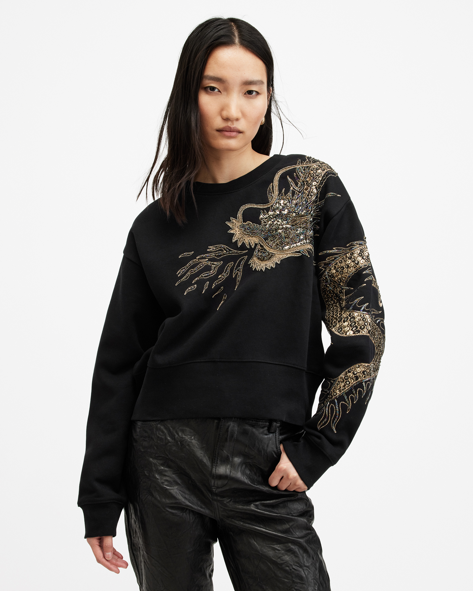 Allsaints Dragon Embellished Separo Sweatshirt In Black