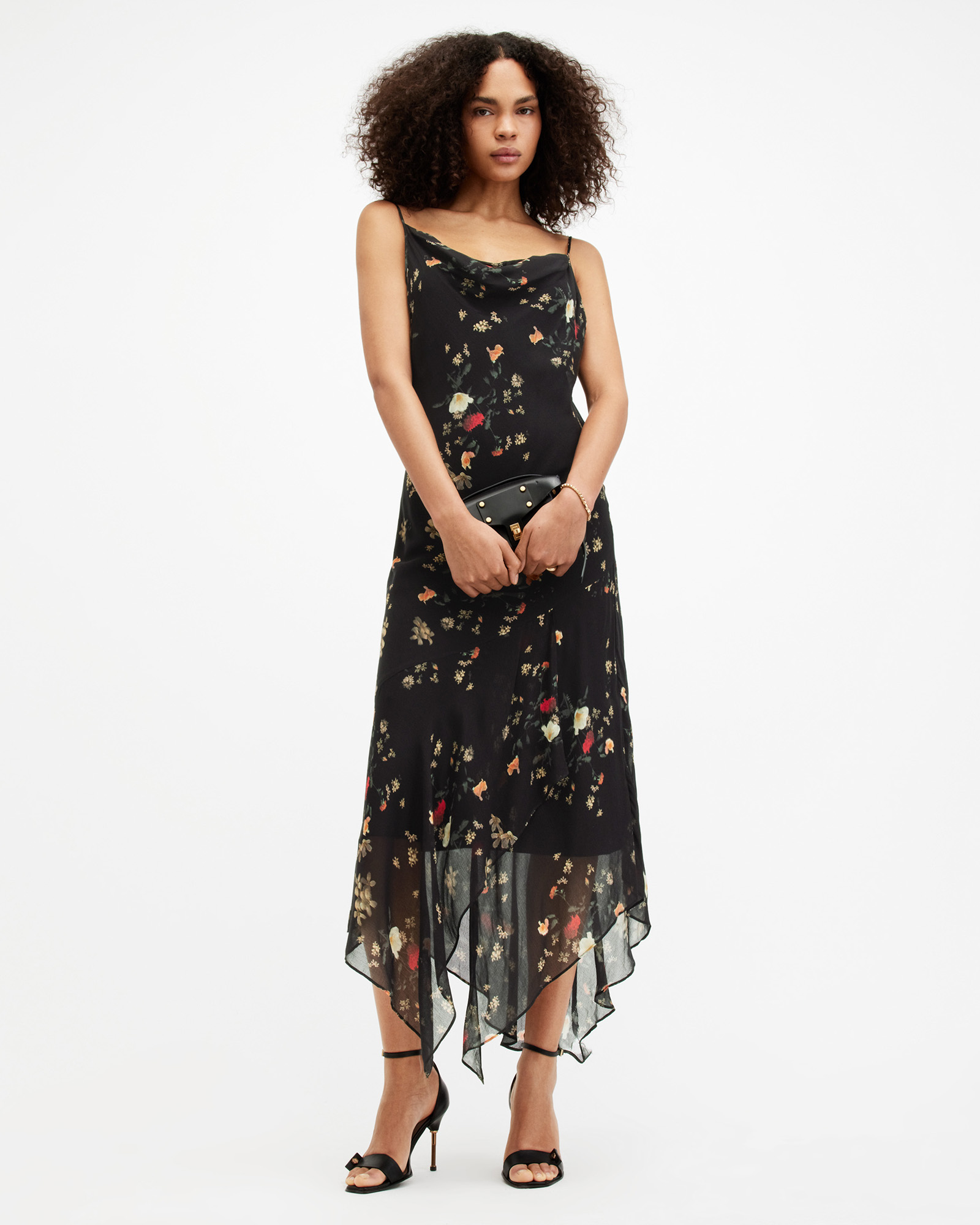 AllSaints Charlotte Kora Floral Print Midi Slip Dress,, Black, Size: UK