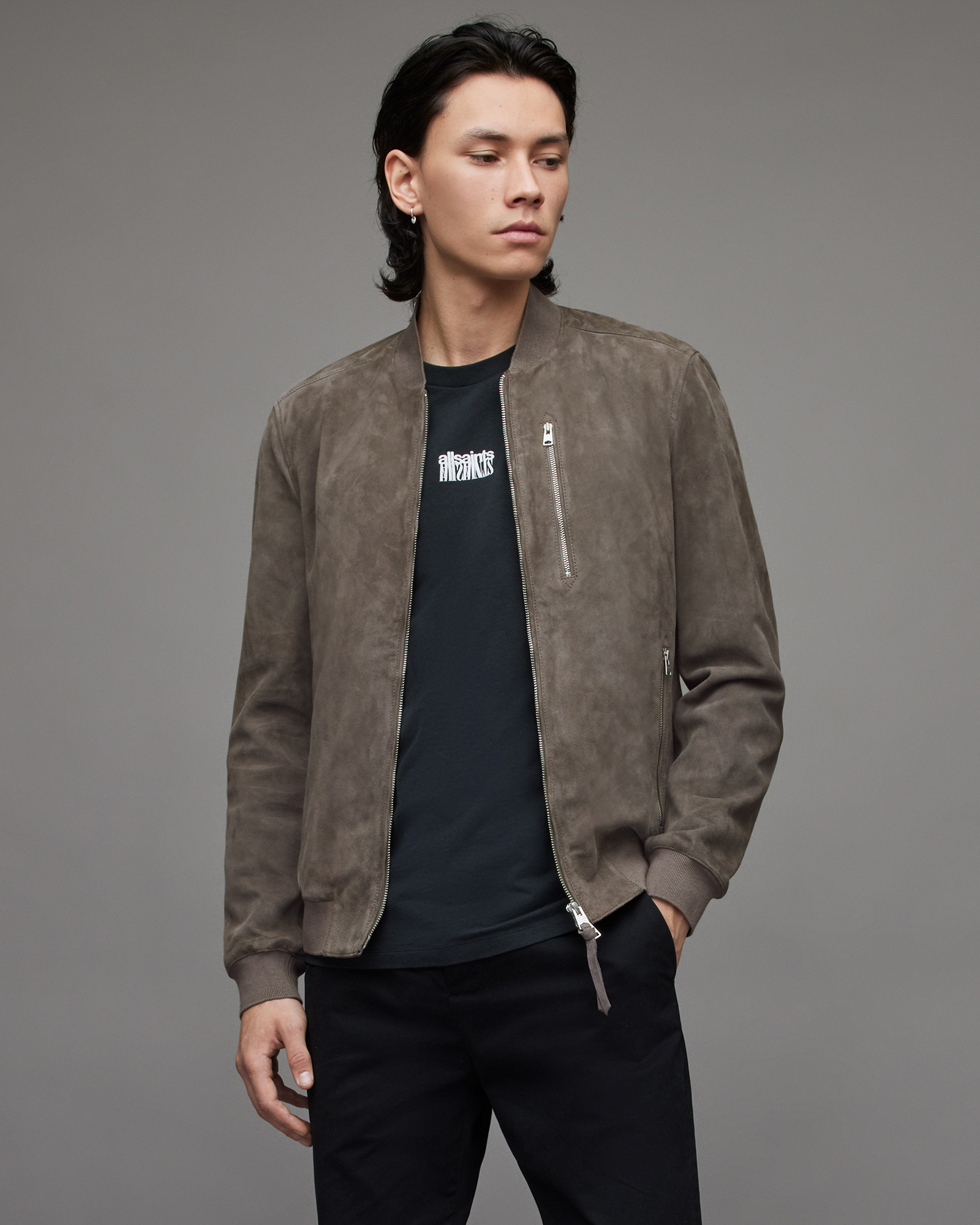 AllSaints Men's Cotton Suede Slim Fit Kemble Bomber Jacket, Grey, Size: XS