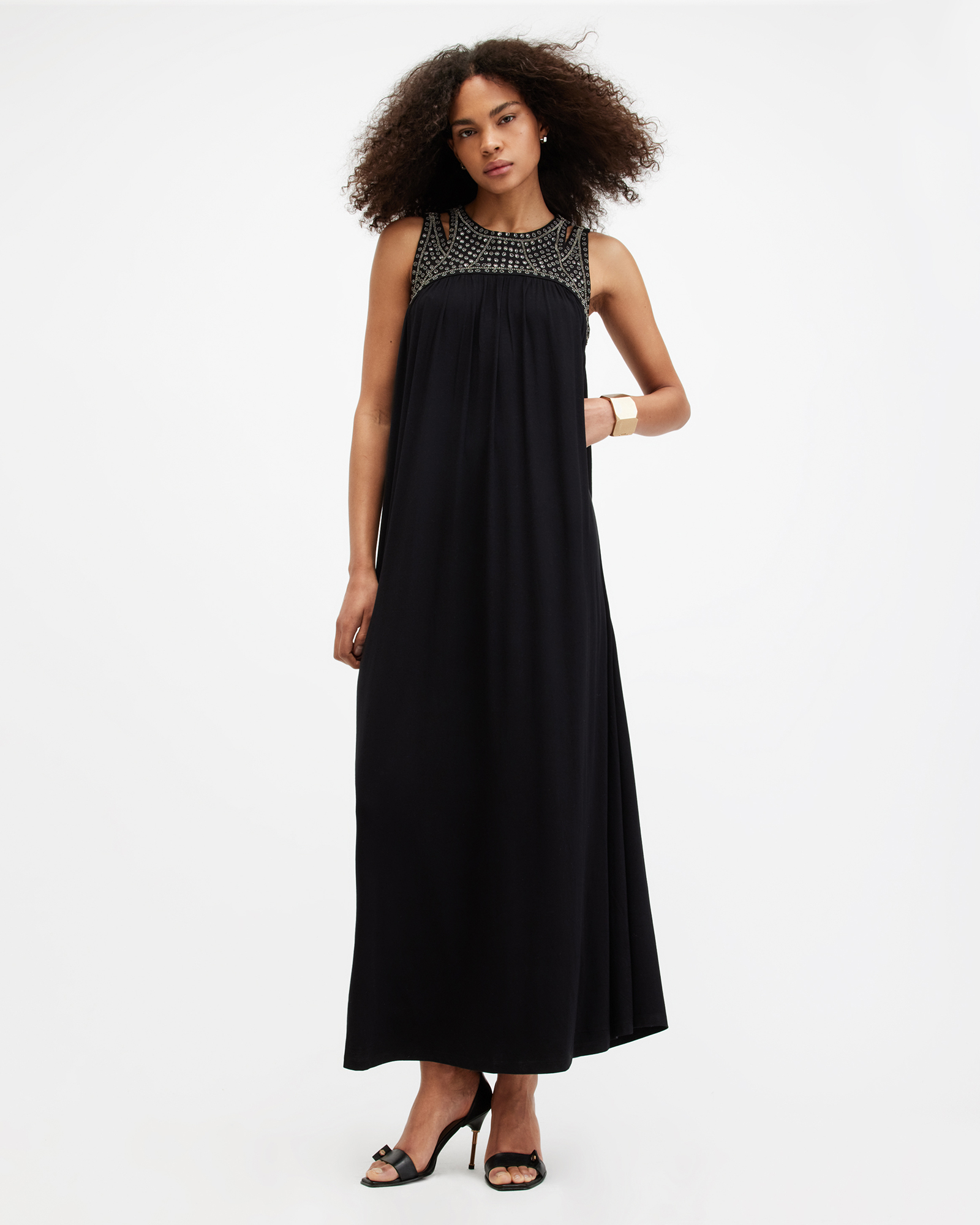 AllSaints Arizona Embellished Cut-Out Maxi Dress,, Black, Size: UK
