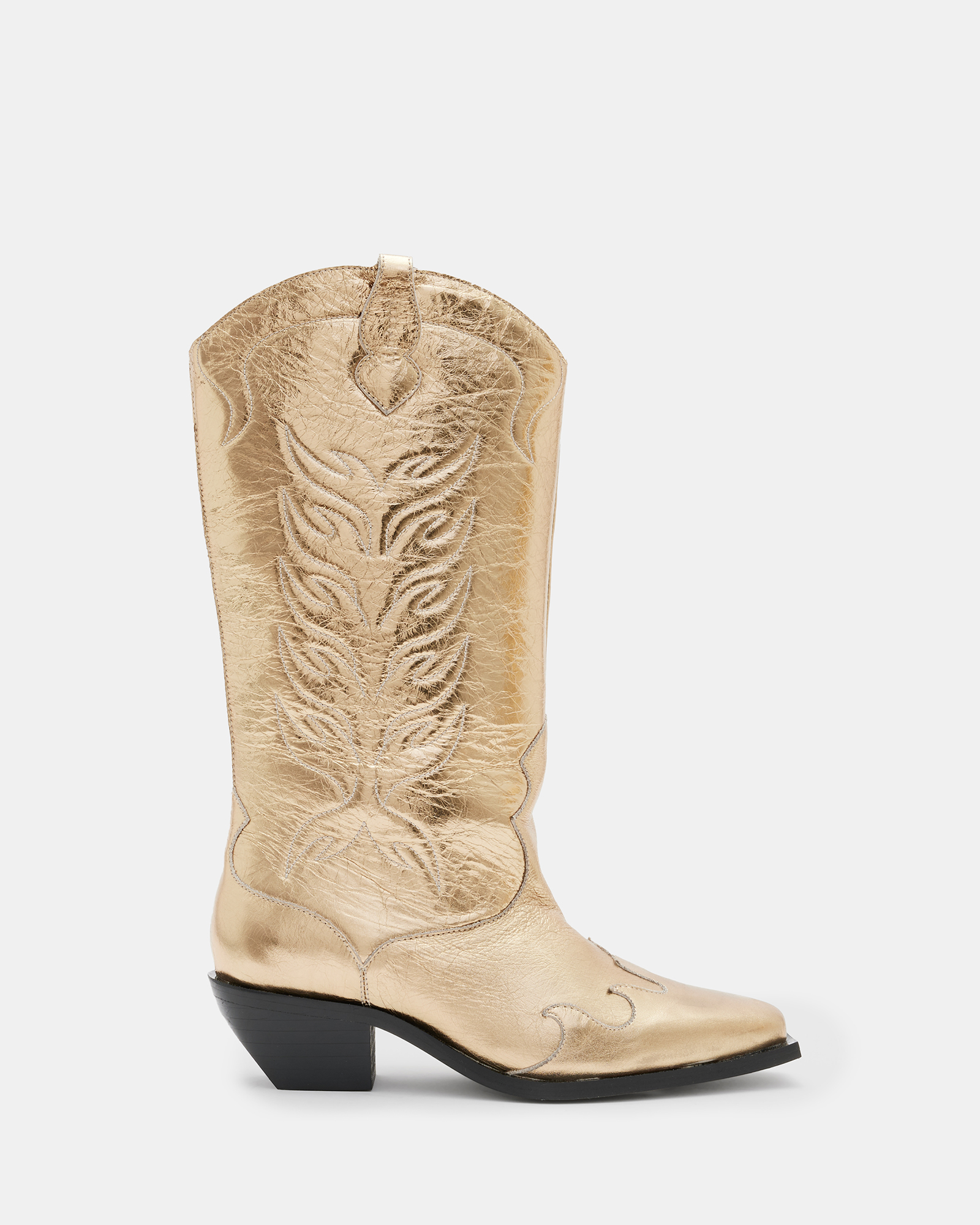 Shop Allsaints Dolly Western Metallic Leather Boots In Metallic Gold