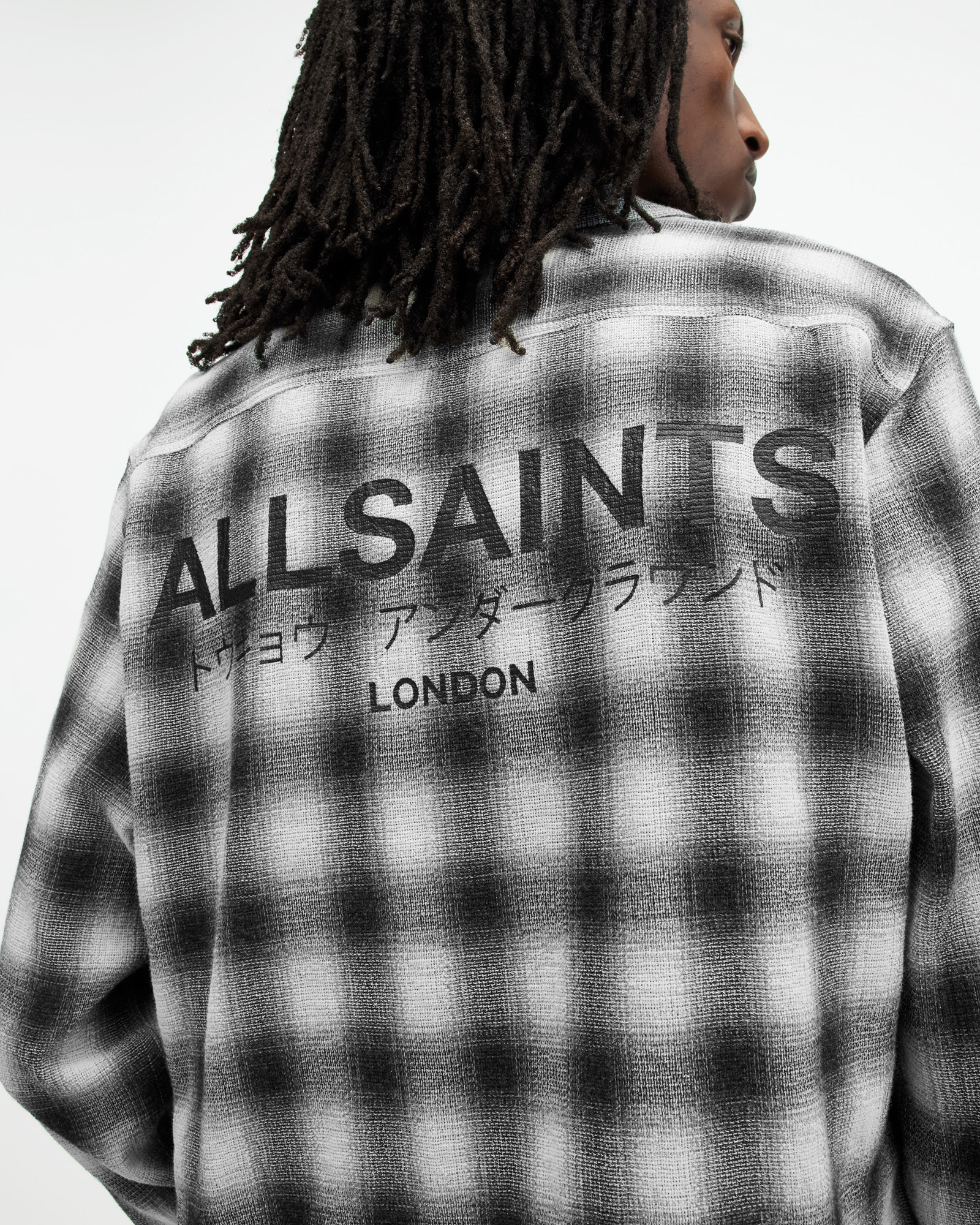 AllSaints Underground Logo Check Long Sleeve Shirt,, Off White