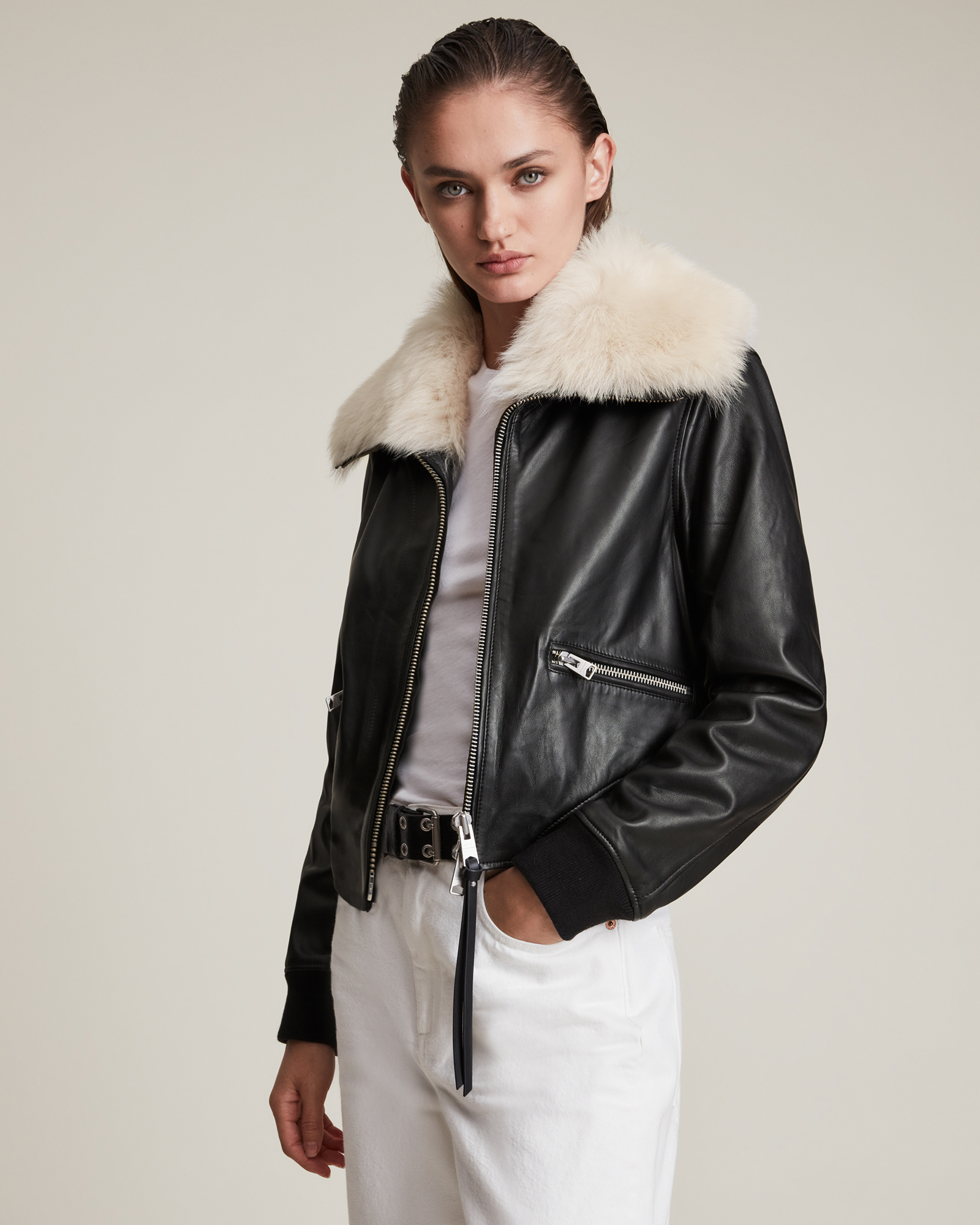 Wisley Shearling Leather Jacket BLACK/OFF WHITE | ALLSAINTS