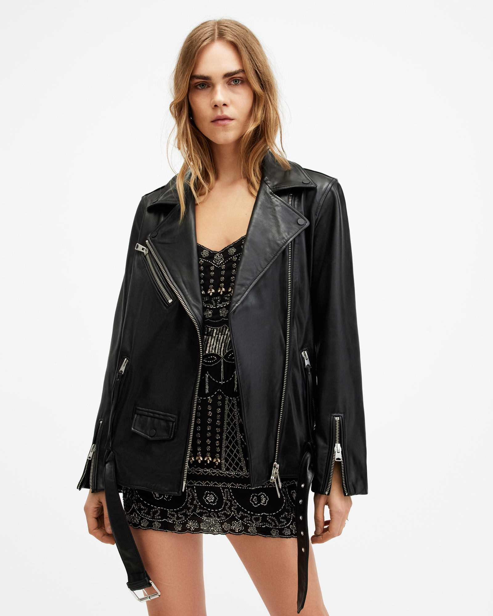 AllSaints Women's Leather Billie Oversized Biker Jacket, Black