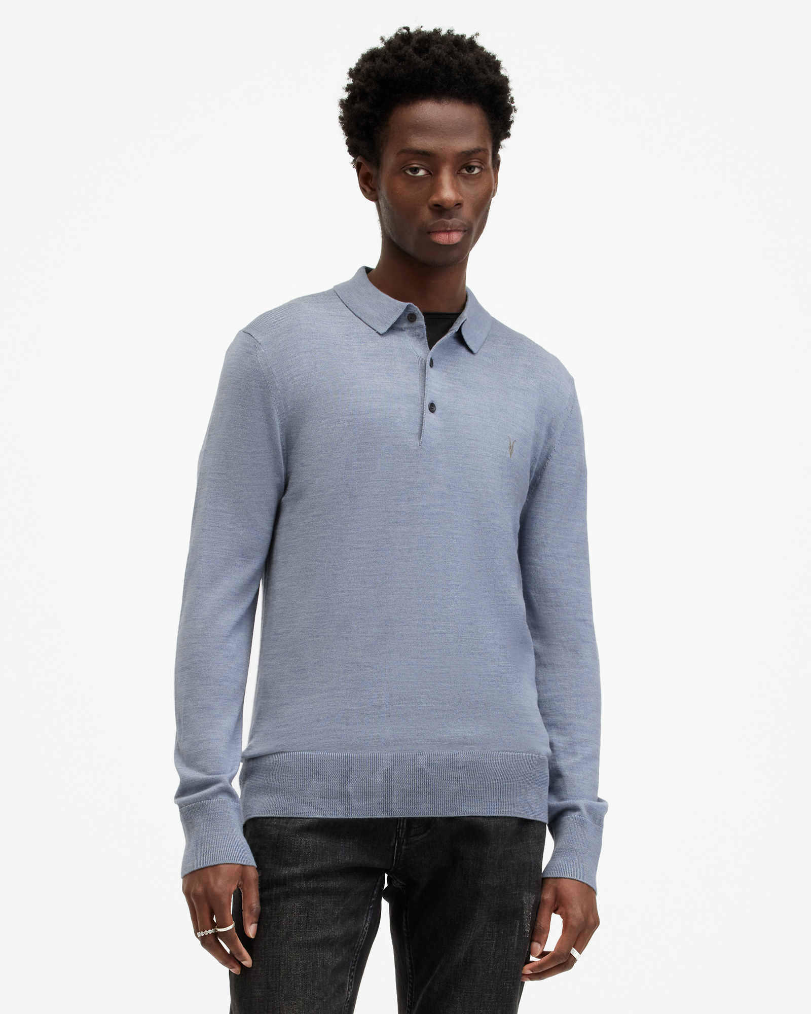 AllSaints Mode Merino Long Sleeve Polo Shirt,, Dusty Blue, Size: