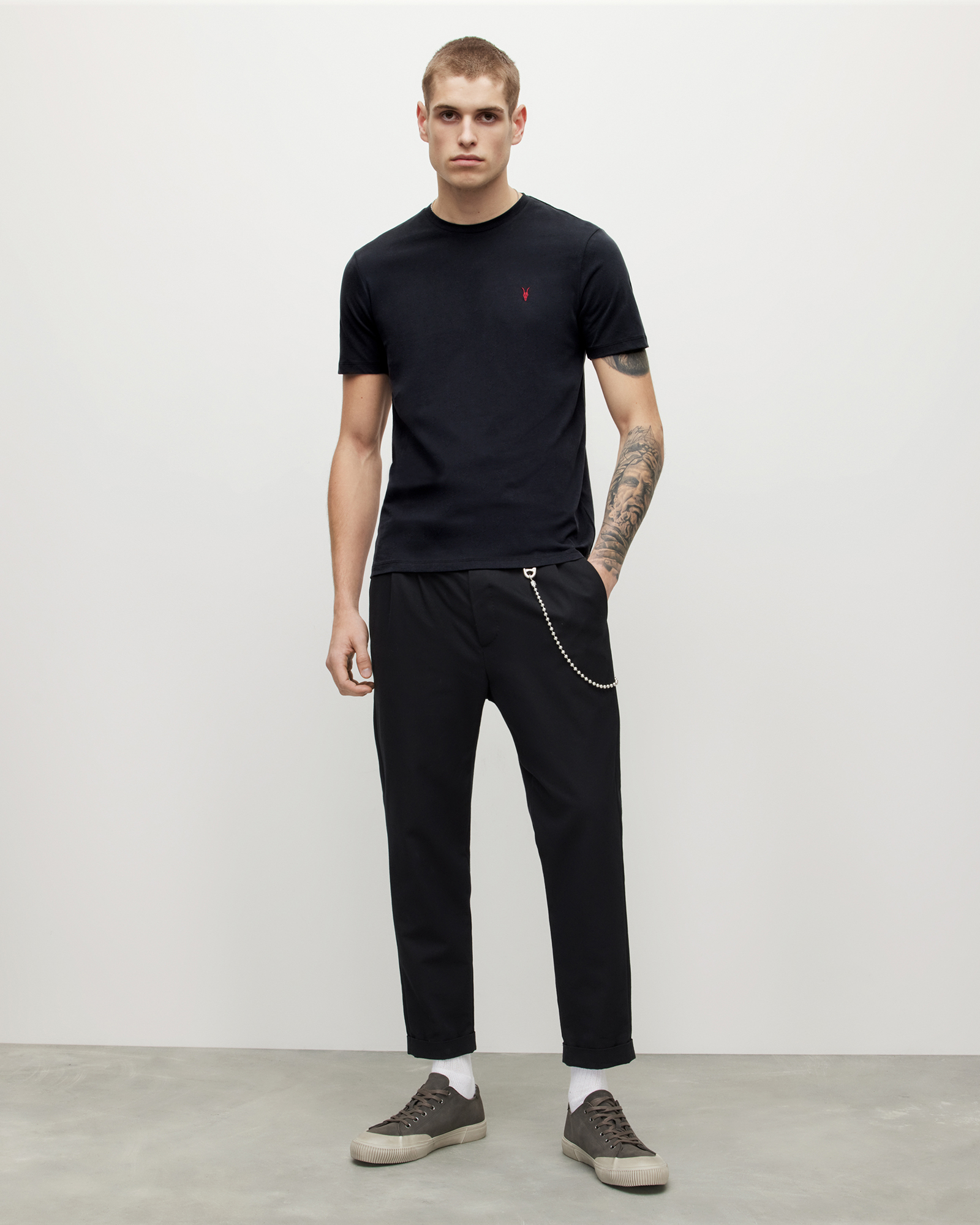 AllSaints Men's Cotton Brace Contrast Crew T-Shirt, Washed Black, Size: L