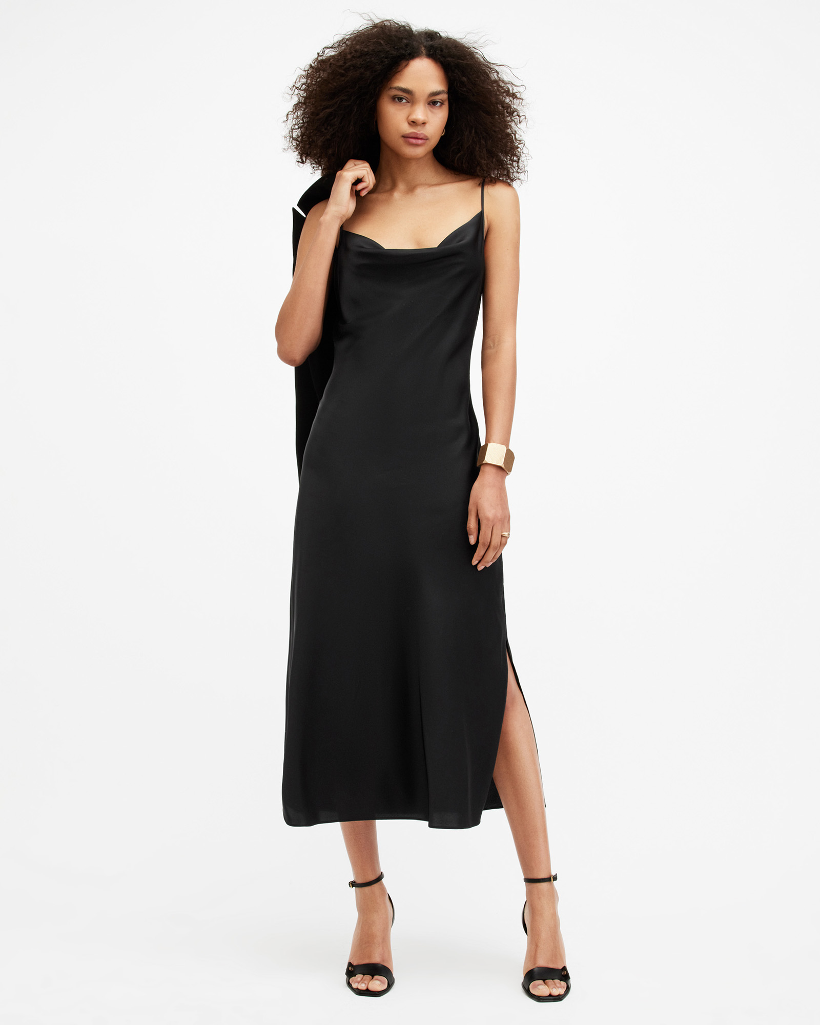 AllSaints Hadley Cowl Neck Midi Slip Dress,, Black