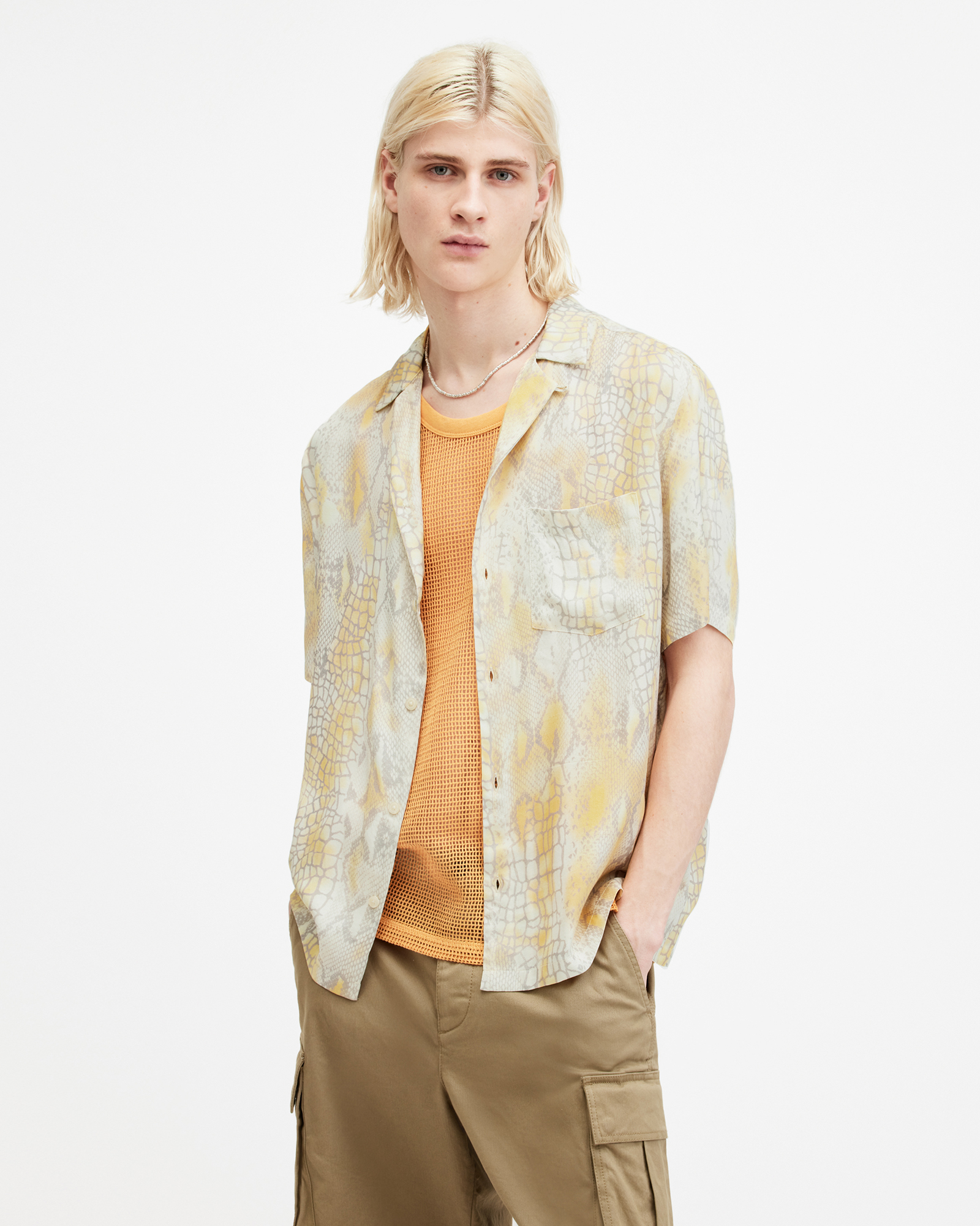 AllSaints Skrale Snake Print Relaxed Fit Shirt,, AMBER YELLOW