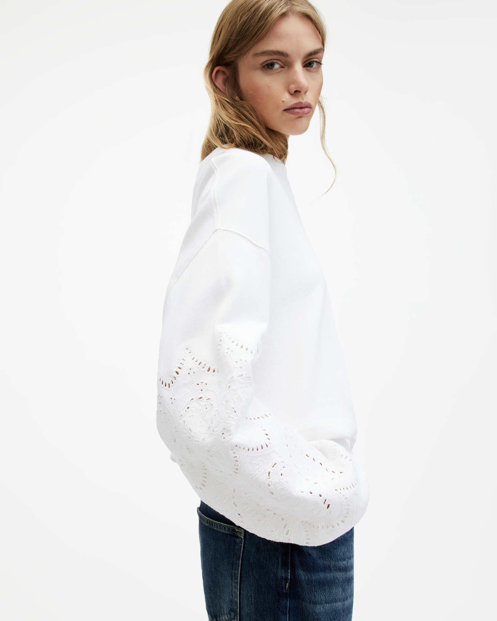 Shop Allsaints Agata Relaxed Fit Broderie Sweatshirt, In Chalk White