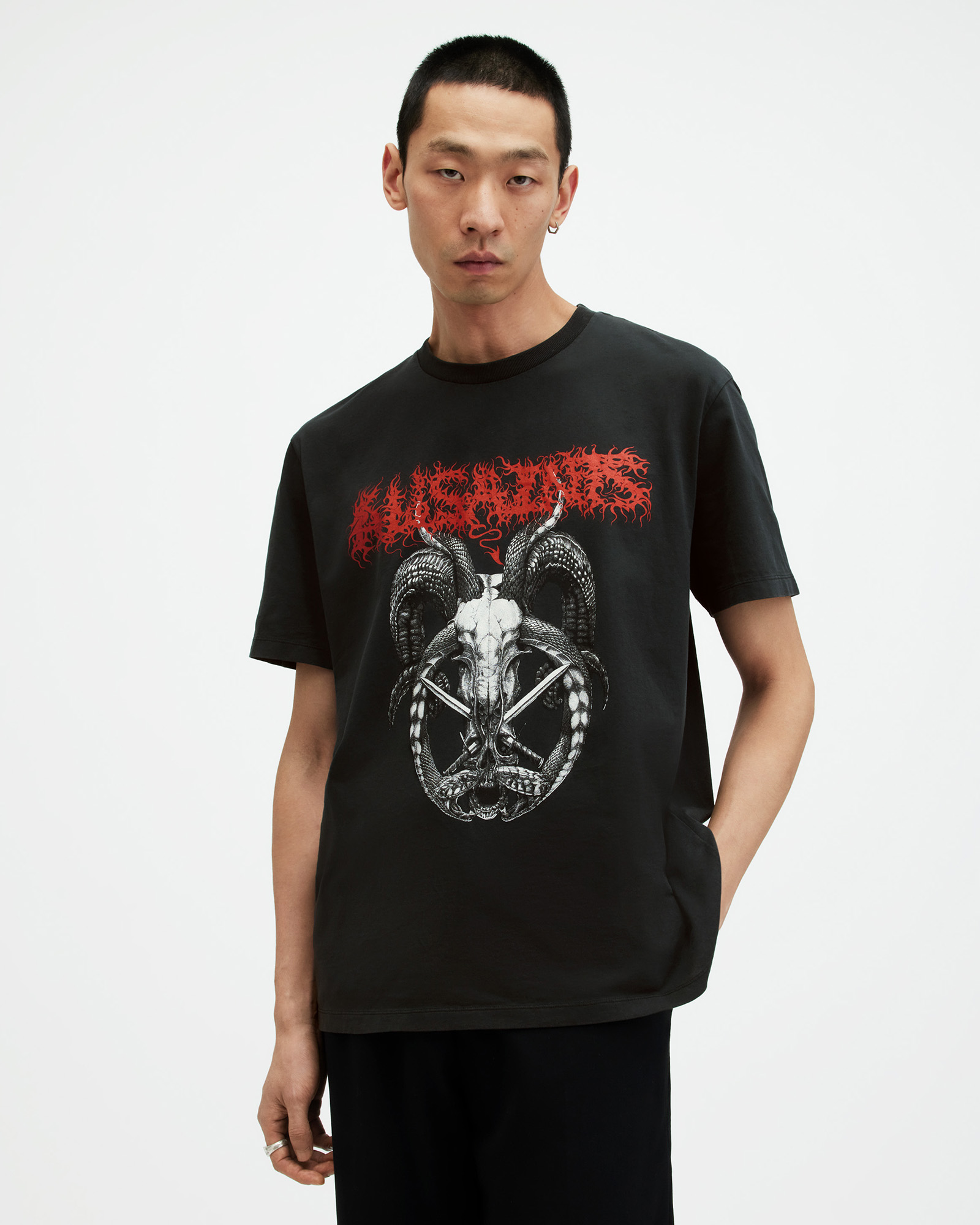 AllSaints Archon Graphic Print Relaxed Fit T-Shirt,, Washed Black