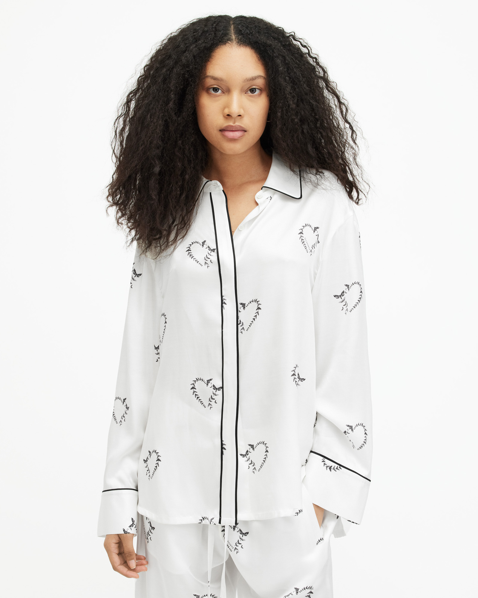 AllSaints Sofi Silk Blend Escalera Pyjama Shirt,, ECRU WHITE