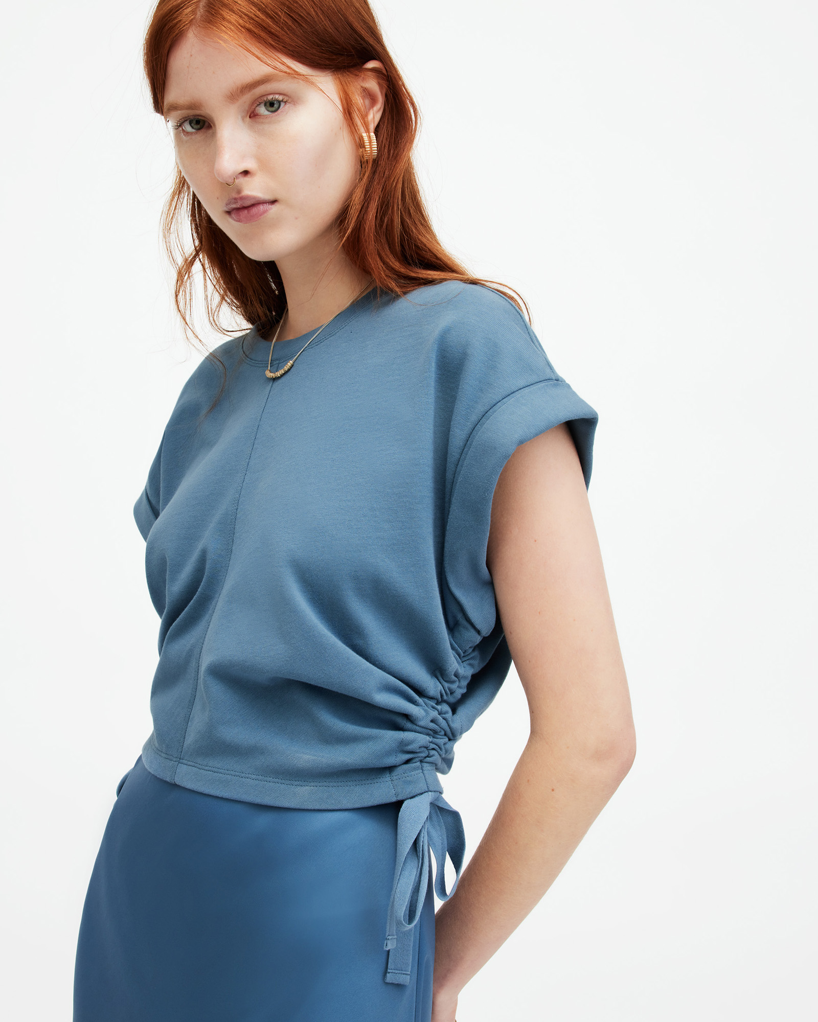 Shop Allsaints Mira Cropped Side Drawcord T-shirt In Petrol Blue