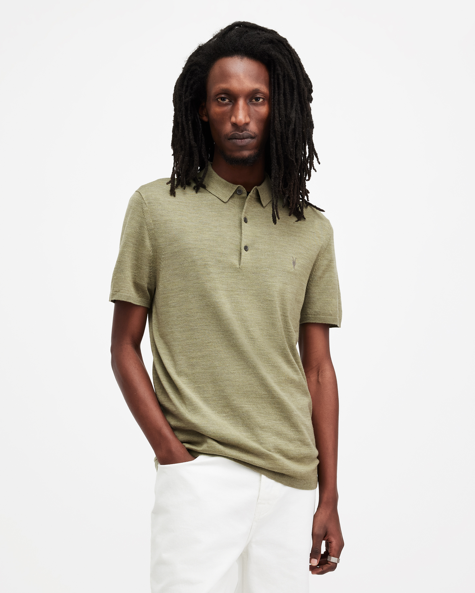 AllSaints Mode Merino Short Sleeve Polo Shirt,, HERB GREEN
