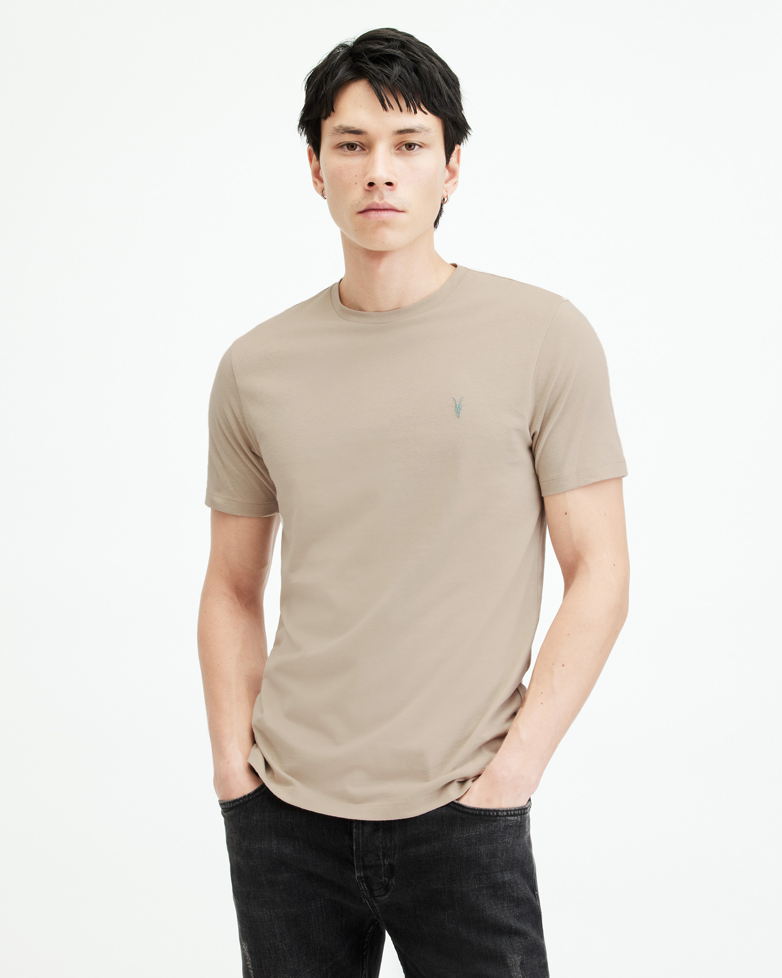 Shop Allsaints Brace Brushed Cotton Contrast T-shirt In Tinted Grey