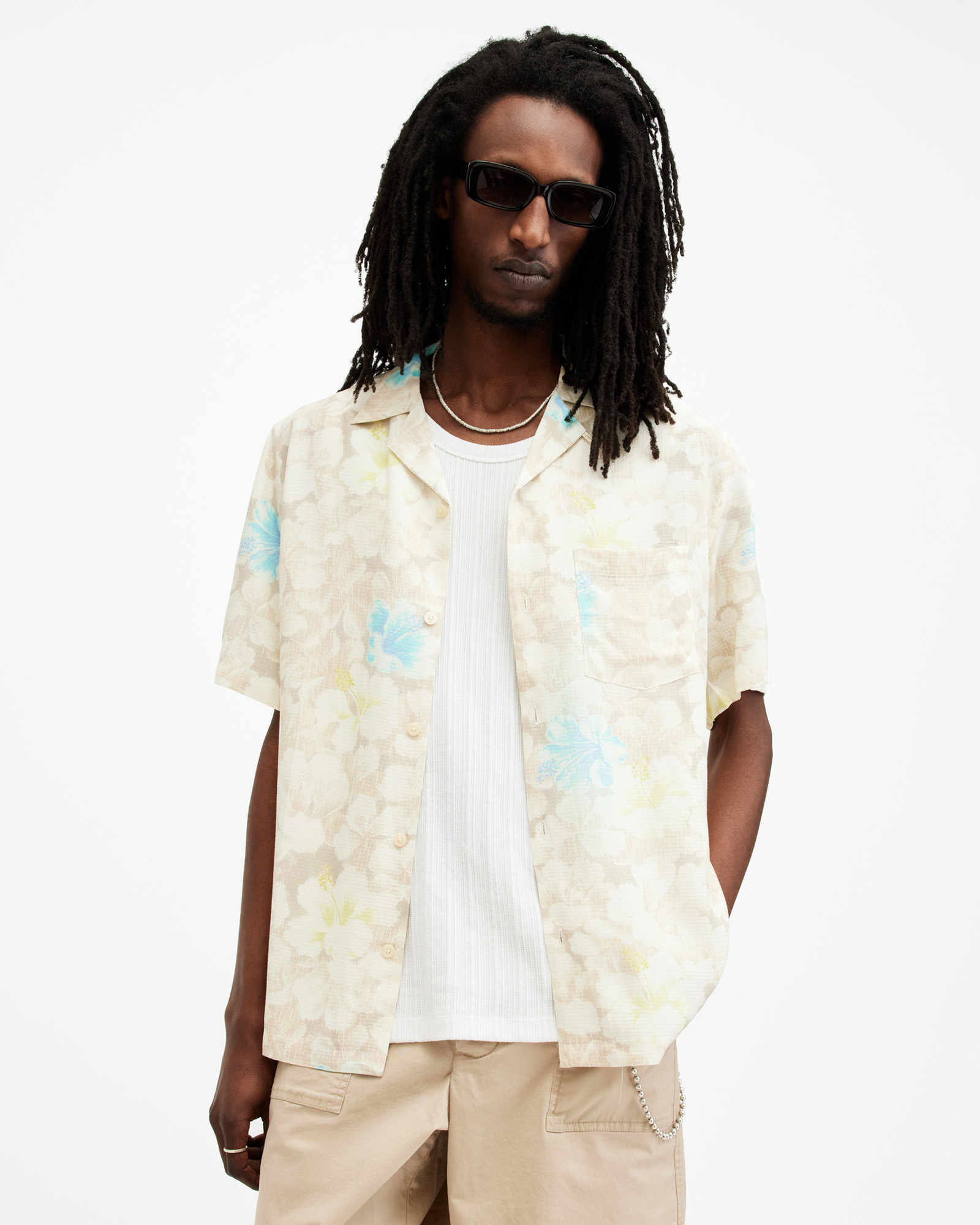 AllSaints Nevada Floral Print Relaxed Fit Shirt,, WICKER WHITE