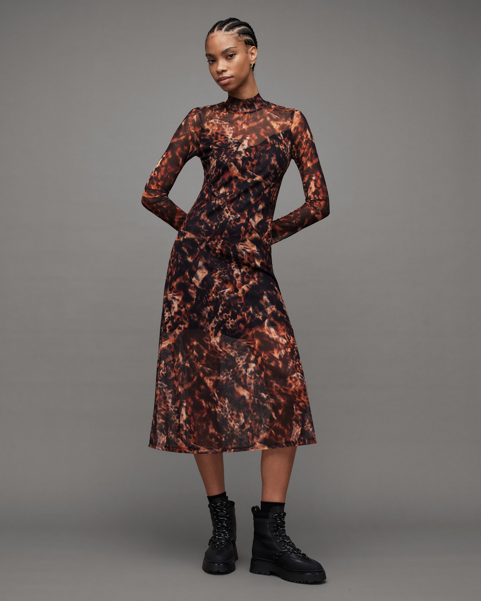 Hanna Funnel Neck Printed Midi Dress Brown | ALLSAINTS