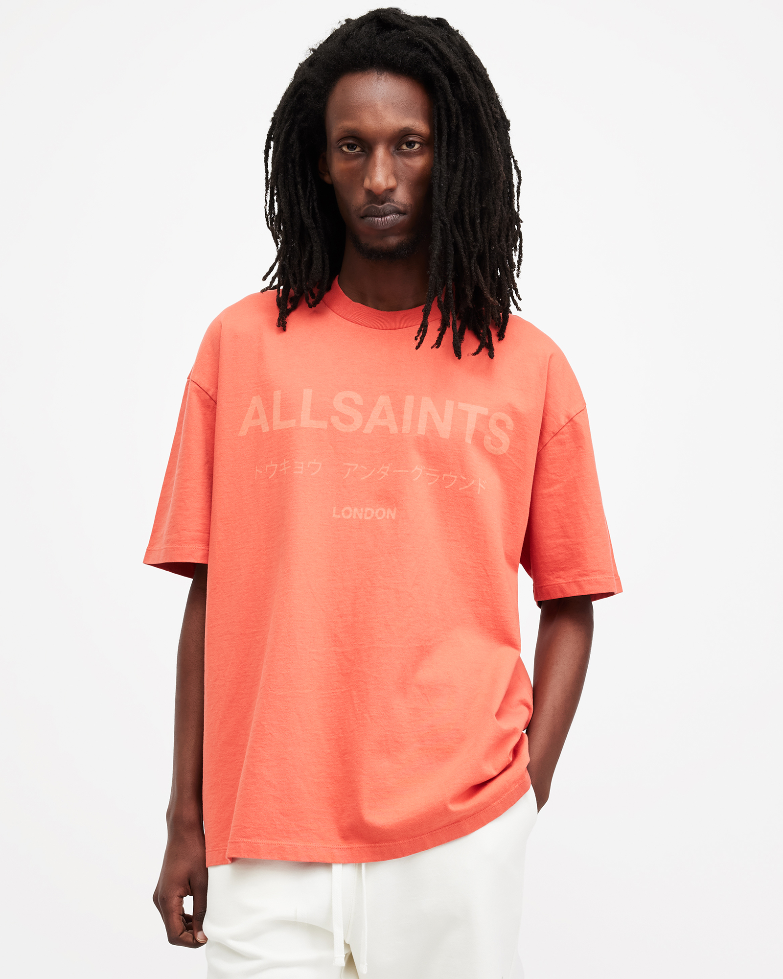AllSaints Laser Crew Neck Logo Oversized T-Shirt,, SUNBURNT ORANGE