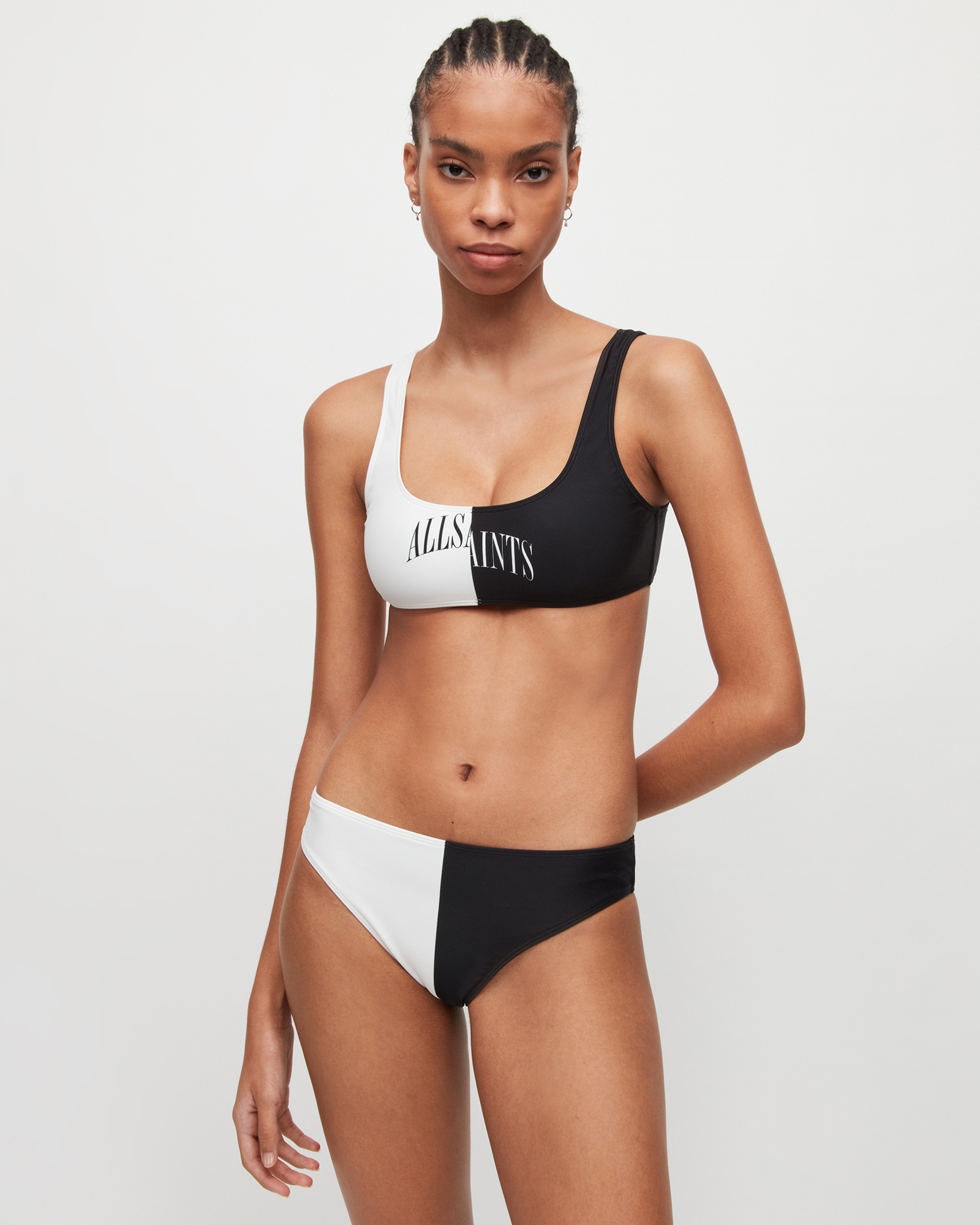 AllSaints Women's Colour Block Regular Fit Mia Split Saints Bikini Top, Black and White, Size: M