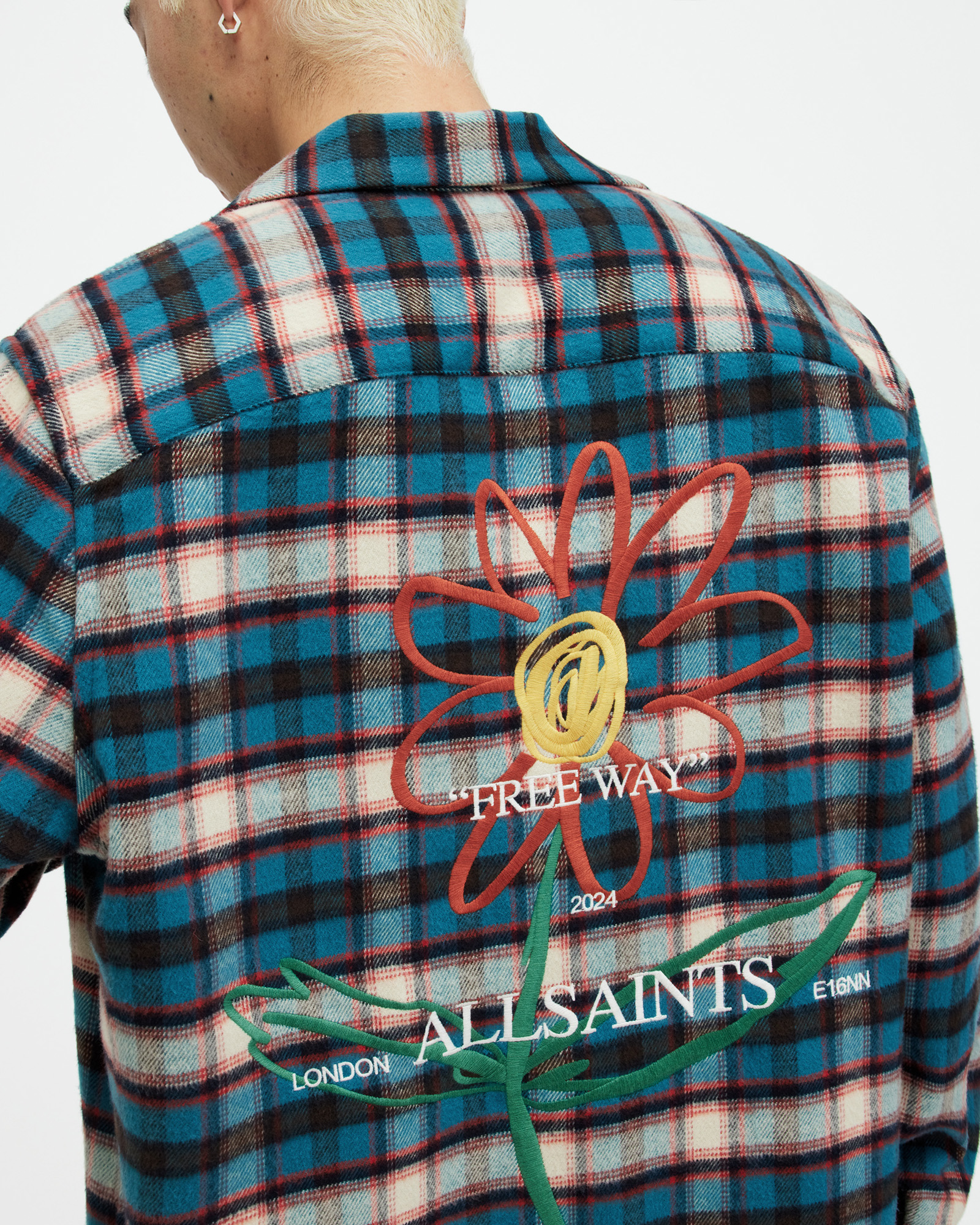 AllSaints Crayo Long Sleeve Check Embroidered Shirt,, SUR BLUE