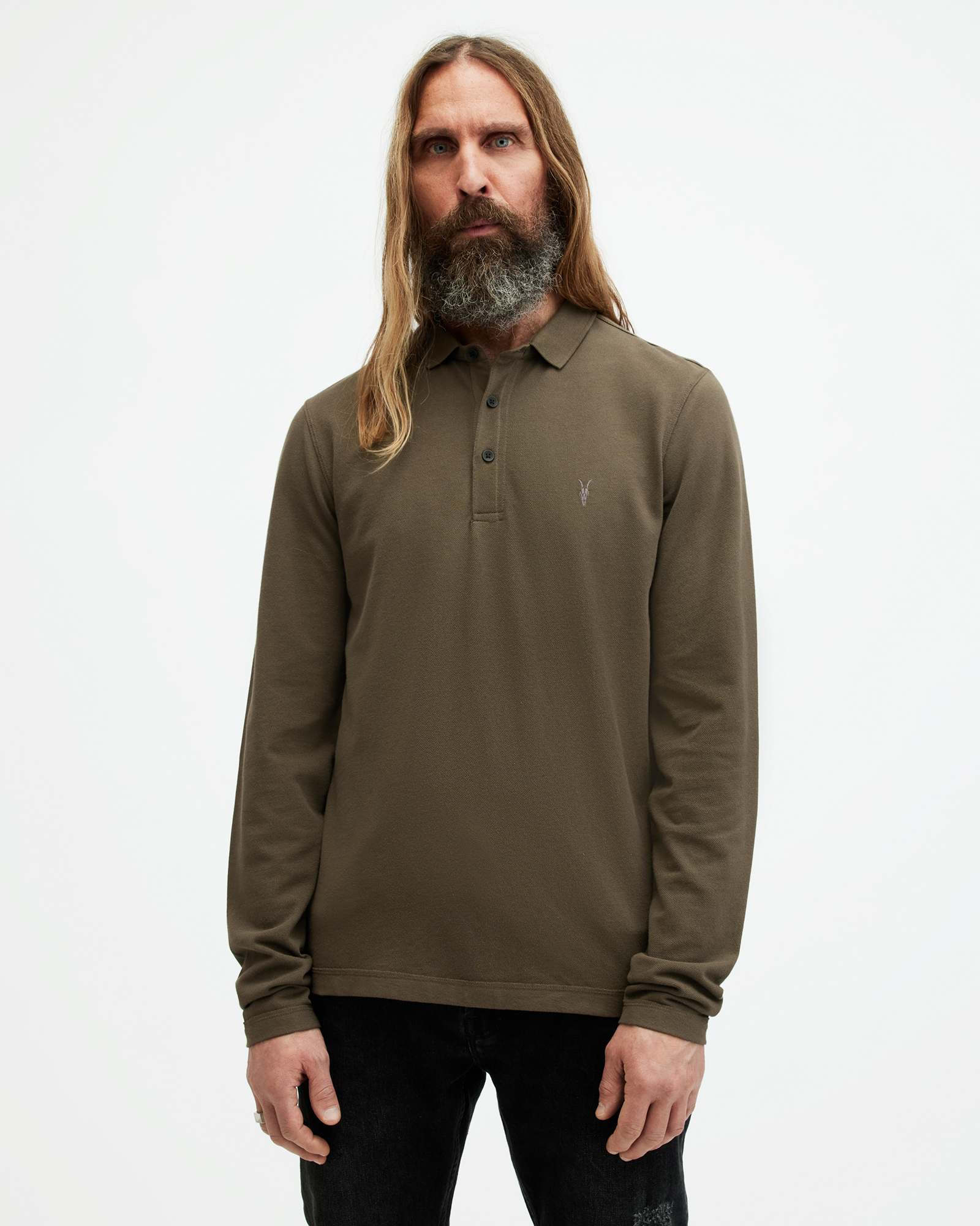 AllSaints Reform Long Sleeve Ramskull Polo Shirt