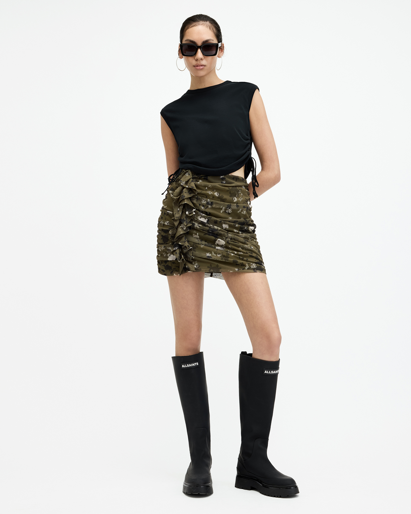 AllSaints Gloria Mesh Floral Print Kora Mini Skirt,, KHAKI GREEN