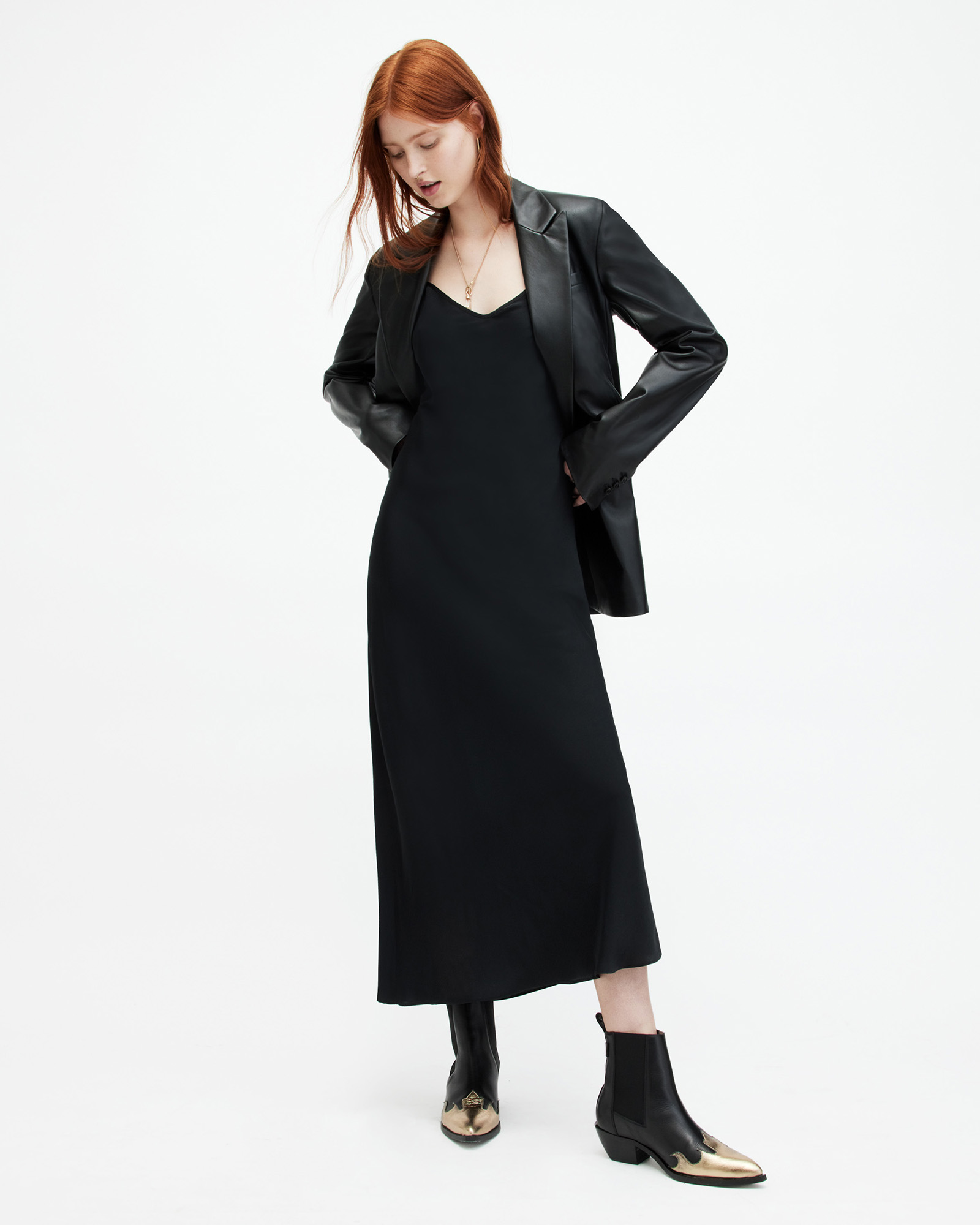 AllSaints Bryony V-Neck Midi Slip Dress,, Black