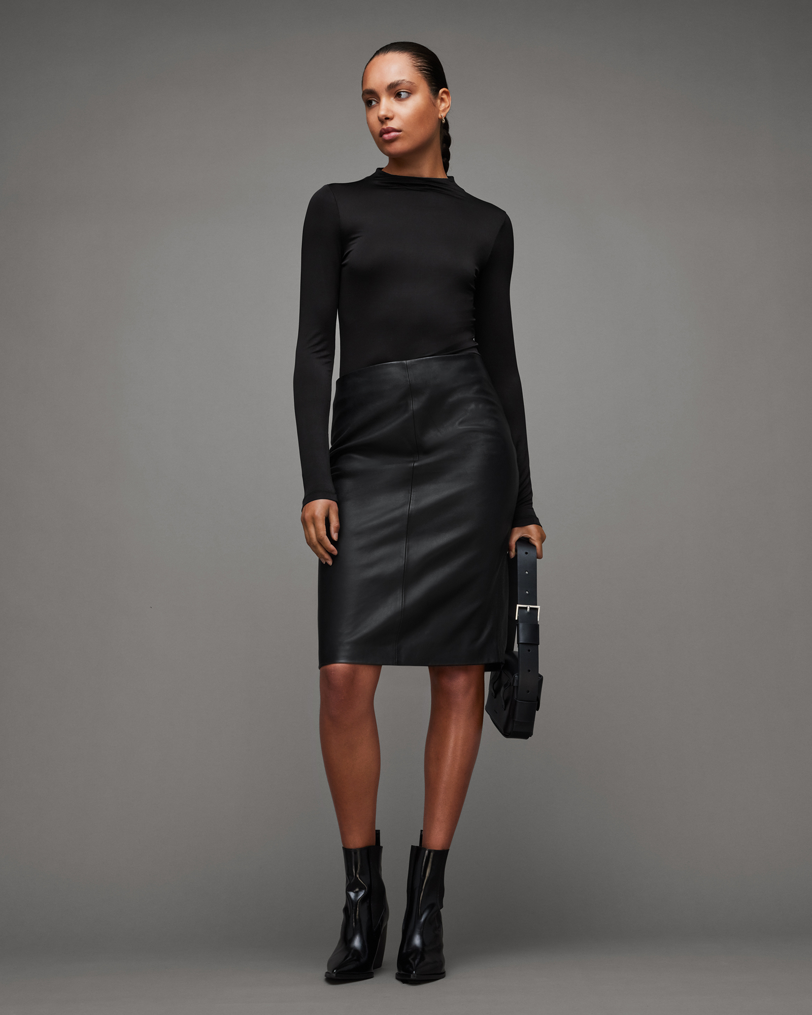 Lucille Leather Zip Up Midi Pencil Skirt Black | ALLSAINTS