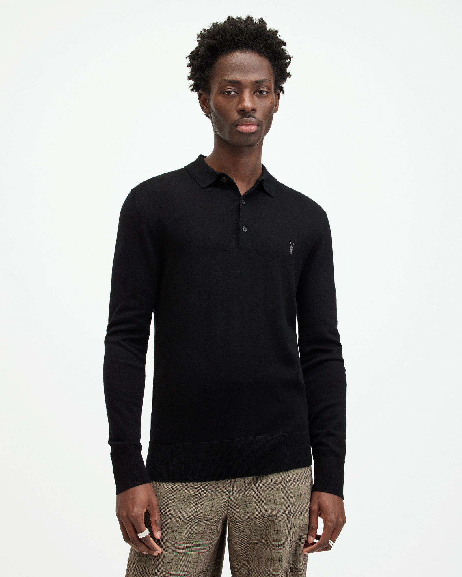 AllSaints Men's Merino Wool Lightweight Mode Long Sleeve Polo Shirt, Black