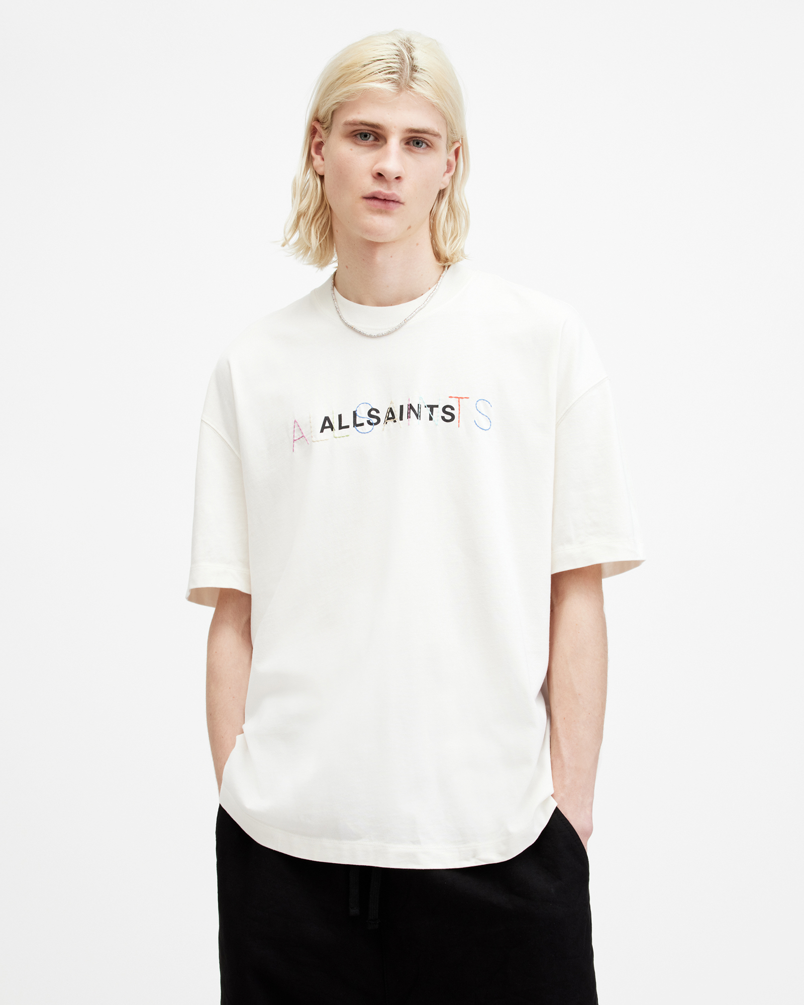 Shop Allsaints Nevada Oversized Logo Crew Neck T-shirt In Avalon White