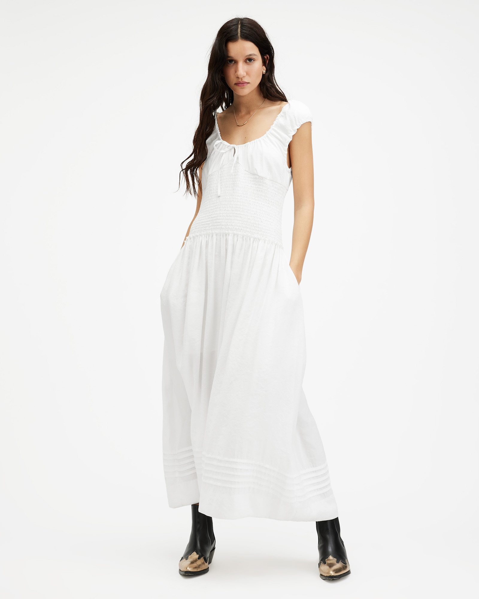 Shop Allsaints Eliza Scoop Neck Slim Fit Maxi Dress In Chalk White