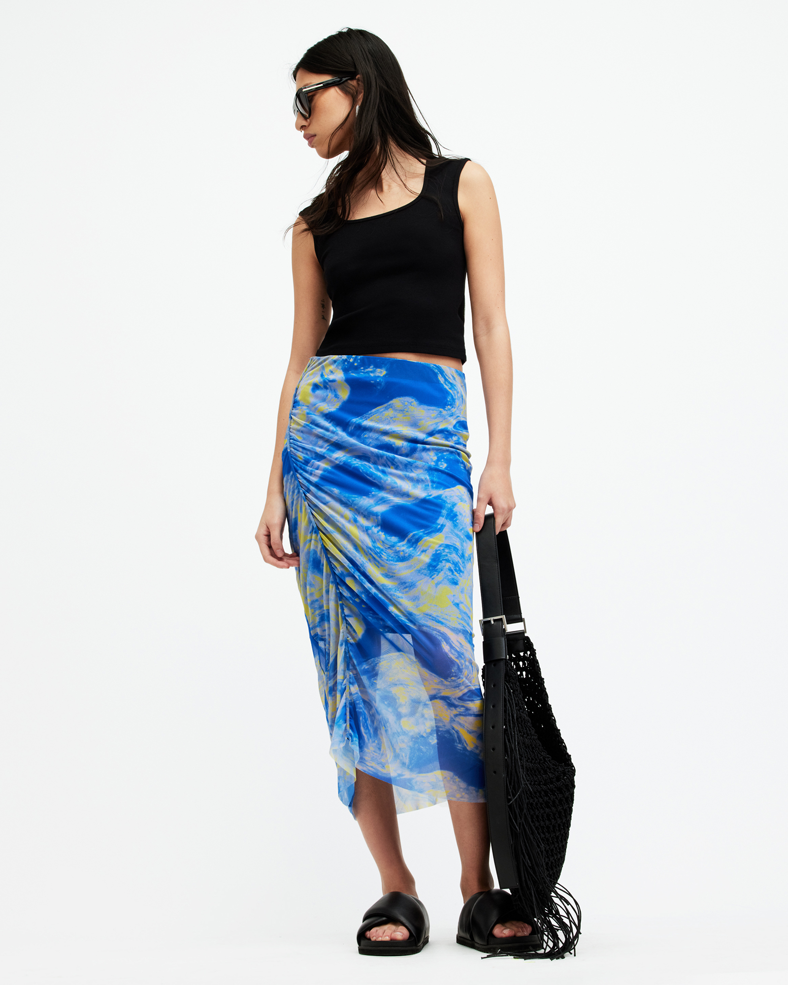 AllSaints Nora Inspiral Mesh Midi Skirt,, ELECTRIC BLUE