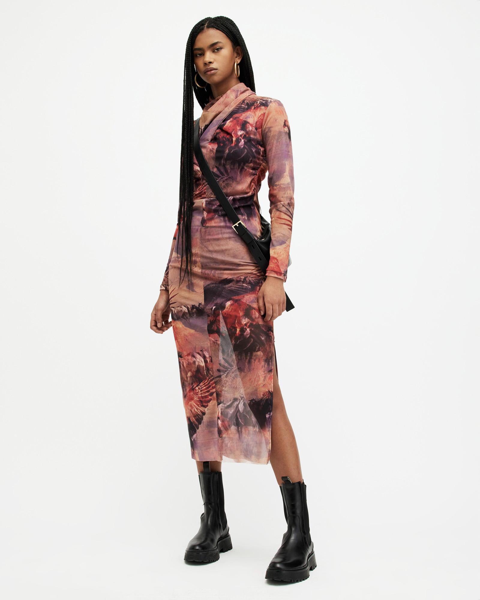 AllSaints Tia Colca Mesh Printed Midi Dress,, CANYON PURPLE, Size: UK
