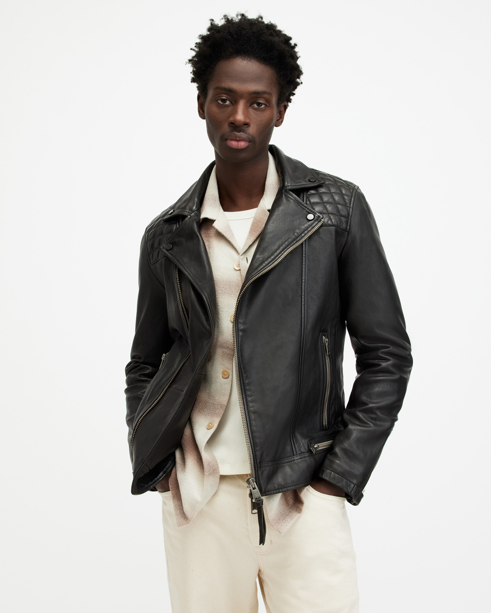 AllSaints Conroy Crinkled Leather Biker Jacket,, Navy, Size: