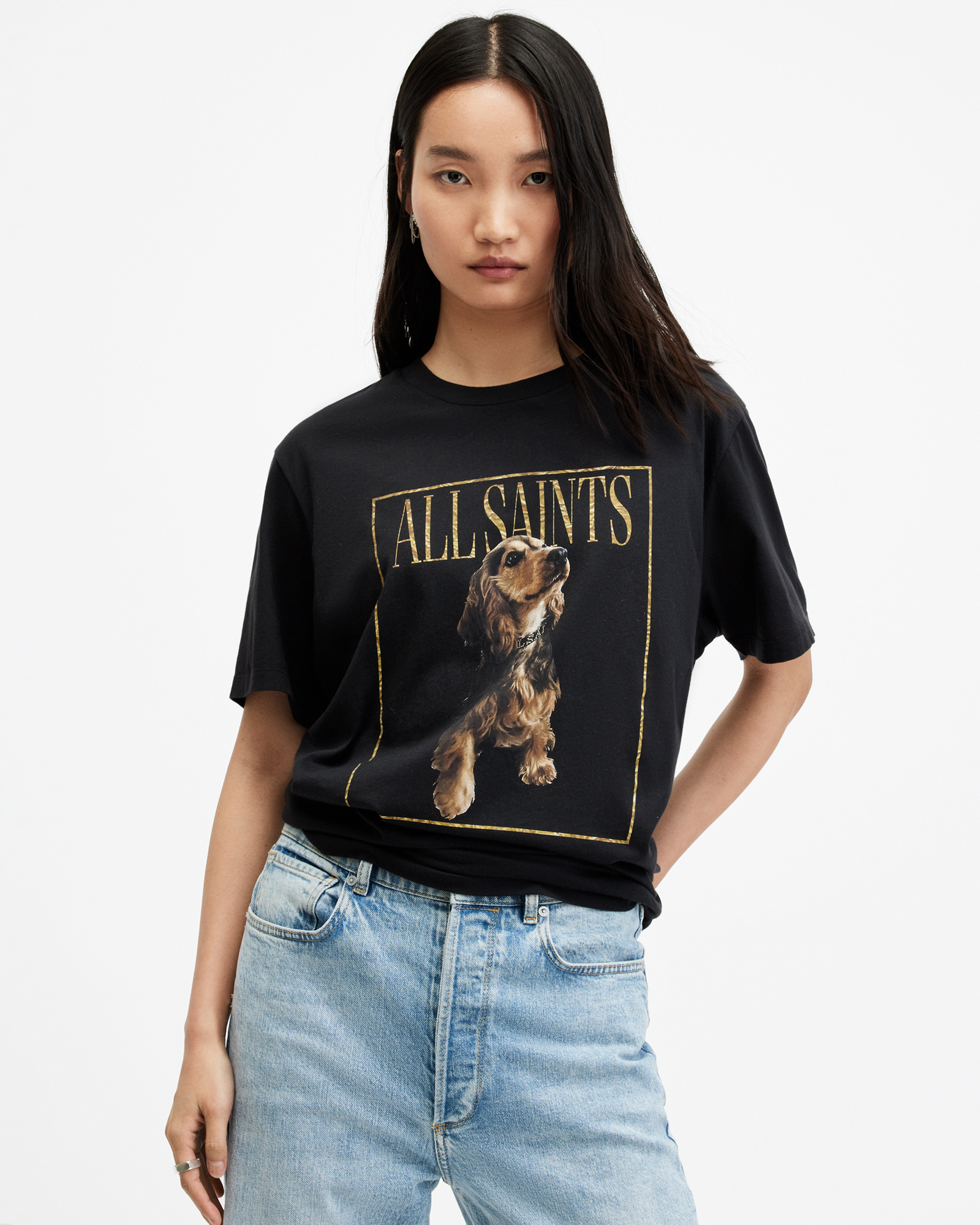 AllSaints Pepper Dog Artwork Oversized T-Shirt,, Black