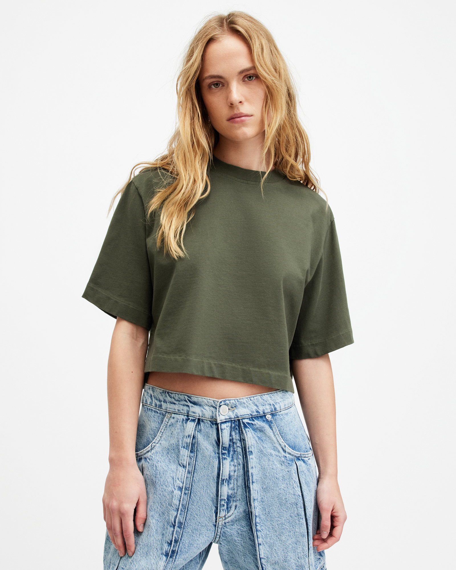 AllSaints Lottie Oversized Cropped T-Shirt,, Forest Green